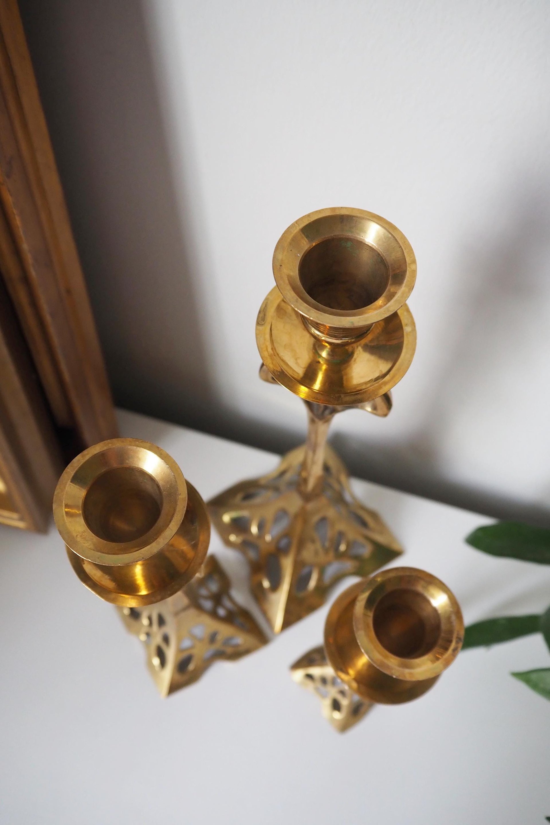 Set of three vintage candlestick holders | Brass candlestick holders | Tall brass candlestick holders | Mismatched candlestick holders