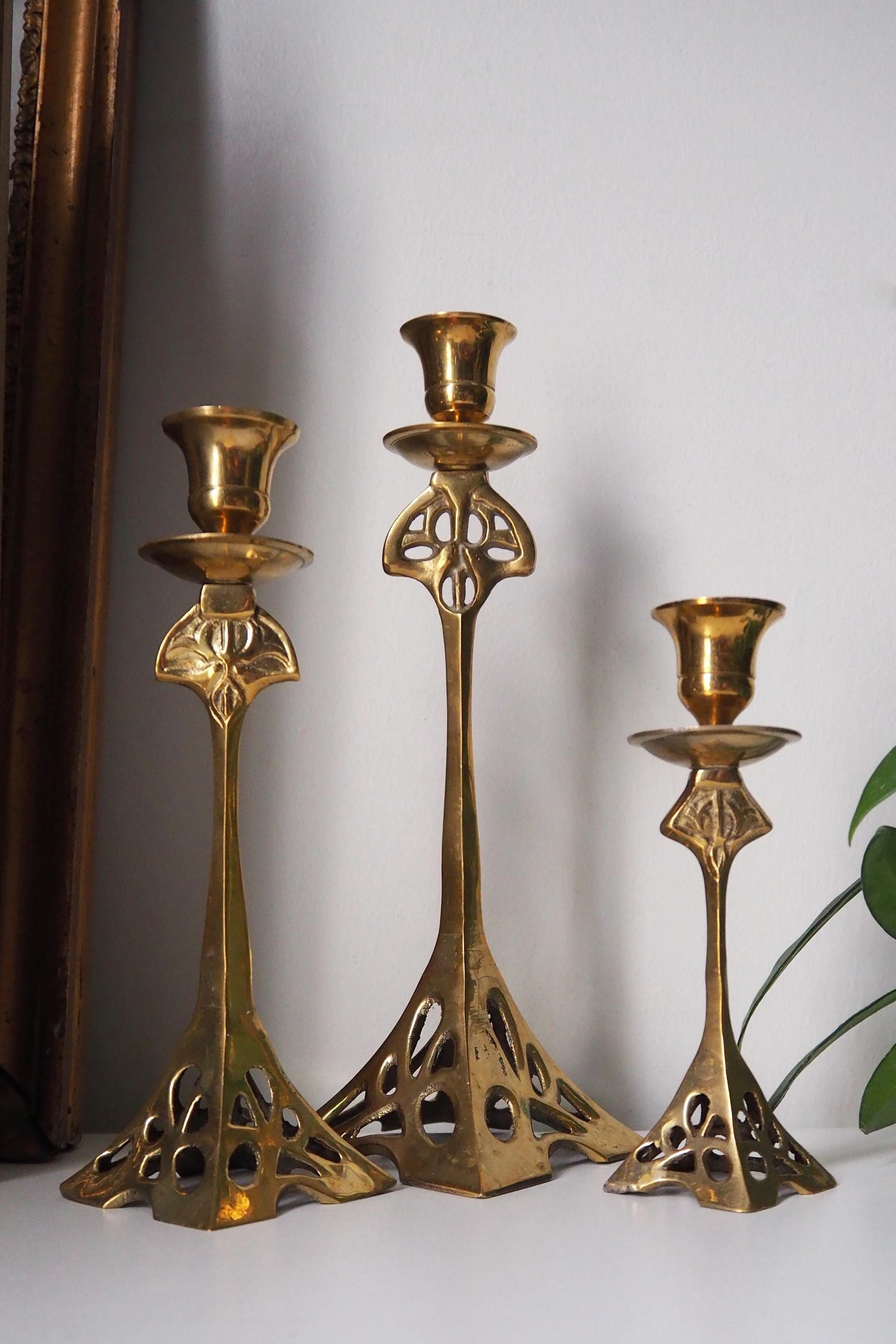 Set of three vintage candlestick holders | Brass candlestick holders | Tall brass candlestick holders | Mismatched candlestick holders