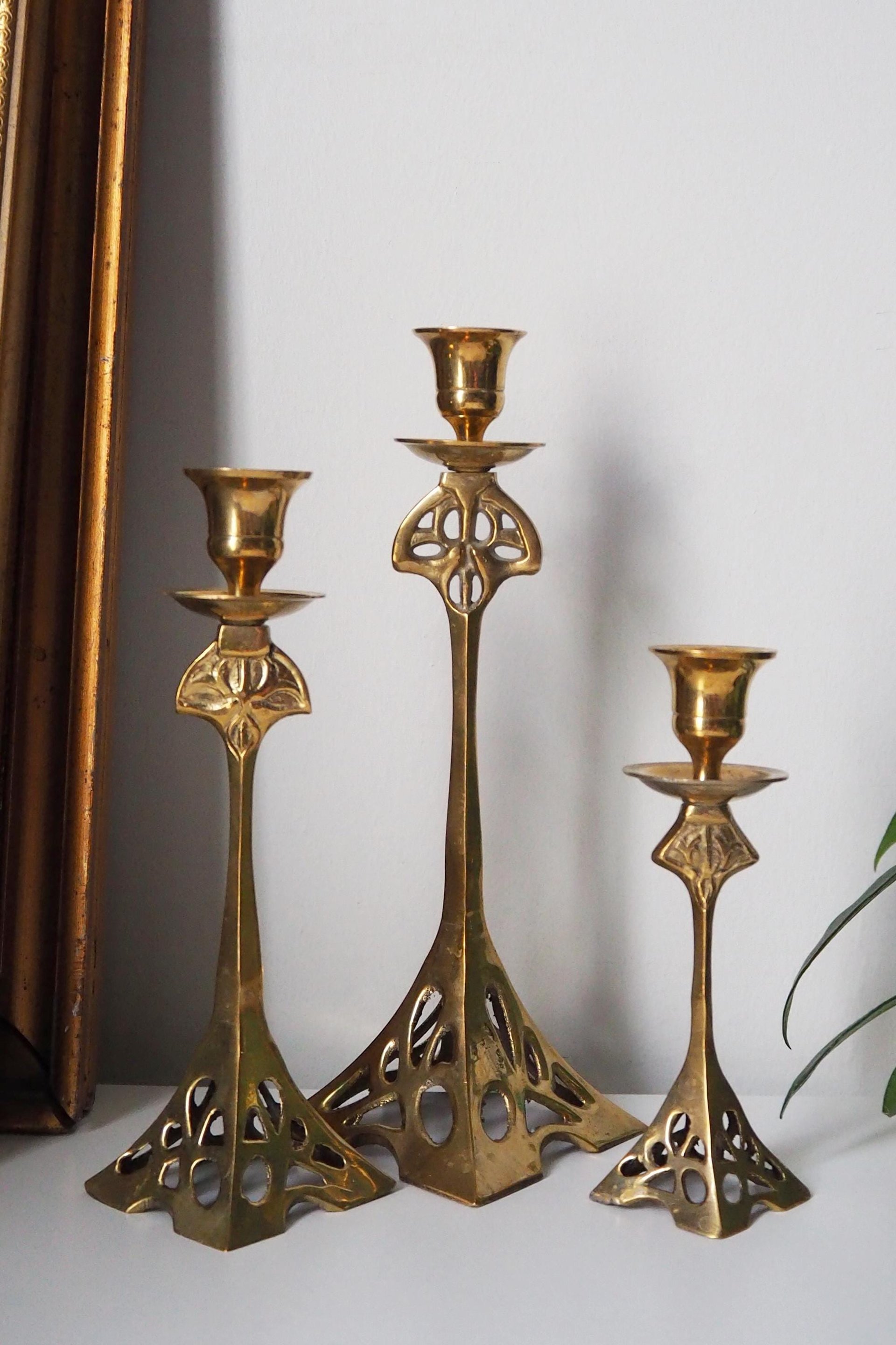 Set of three vintage candlestick holders | Brass candlestick holders | Tall brass candlestick holders | Mismatched candlestick holders