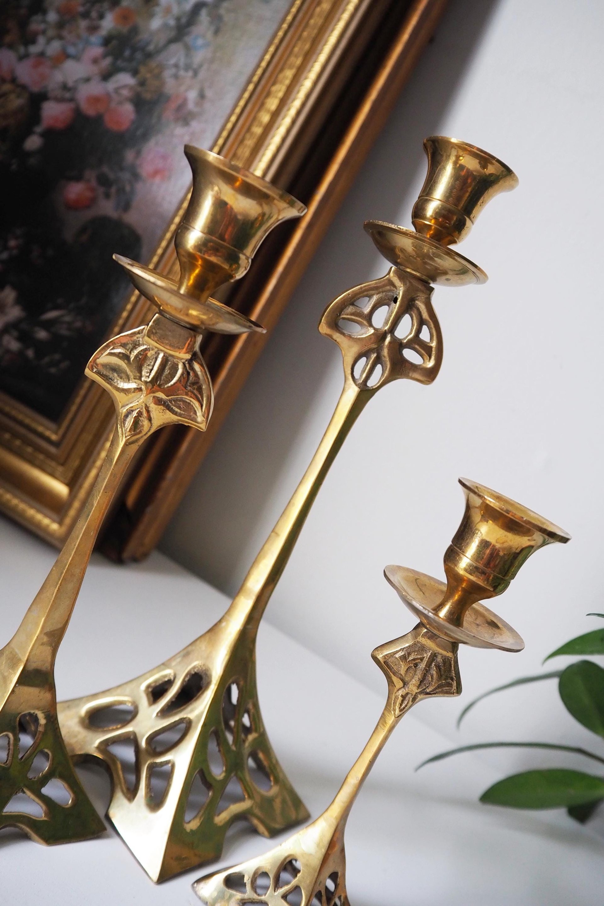 Set of three vintage candlestick holders | Brass candlestick holders | Tall brass candlestick holders | Mismatched candlestick holders