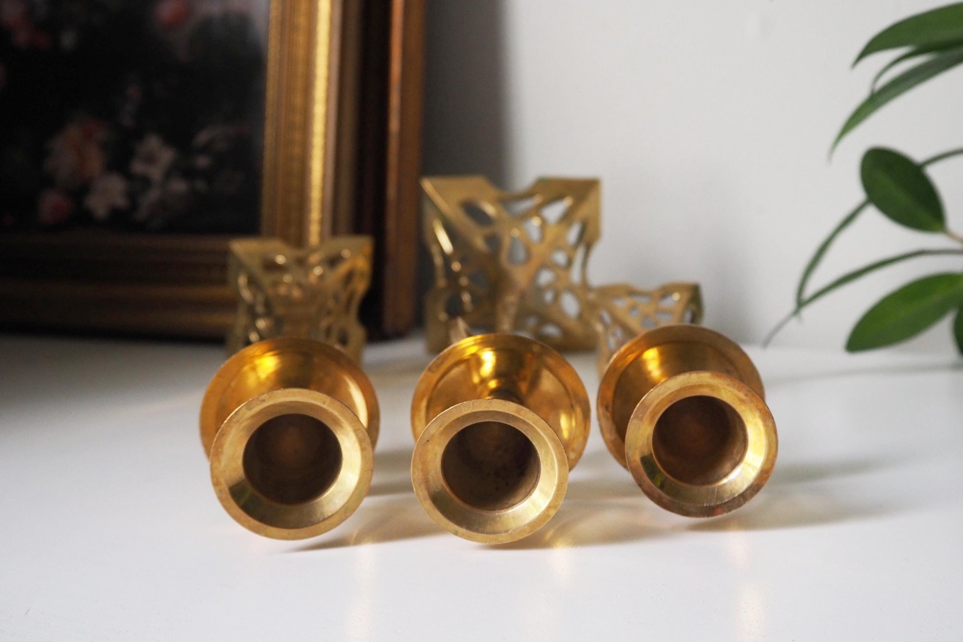 Set of three vintage candlestick holders | Brass candlestick holders | Tall brass candlestick holders | Mismatched candlestick holders