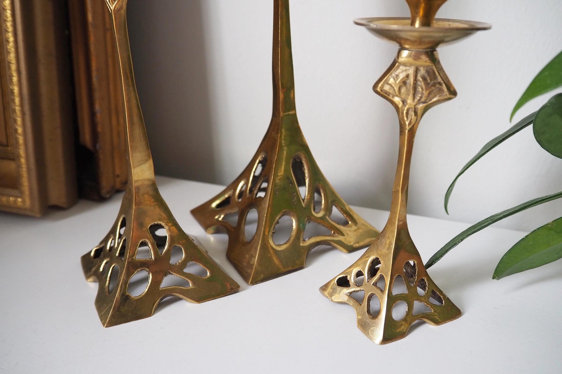 Set of three vintage candlestick holders | Brass candlestick holders | Tall brass candlestick holders | Mismatched candlestick holders