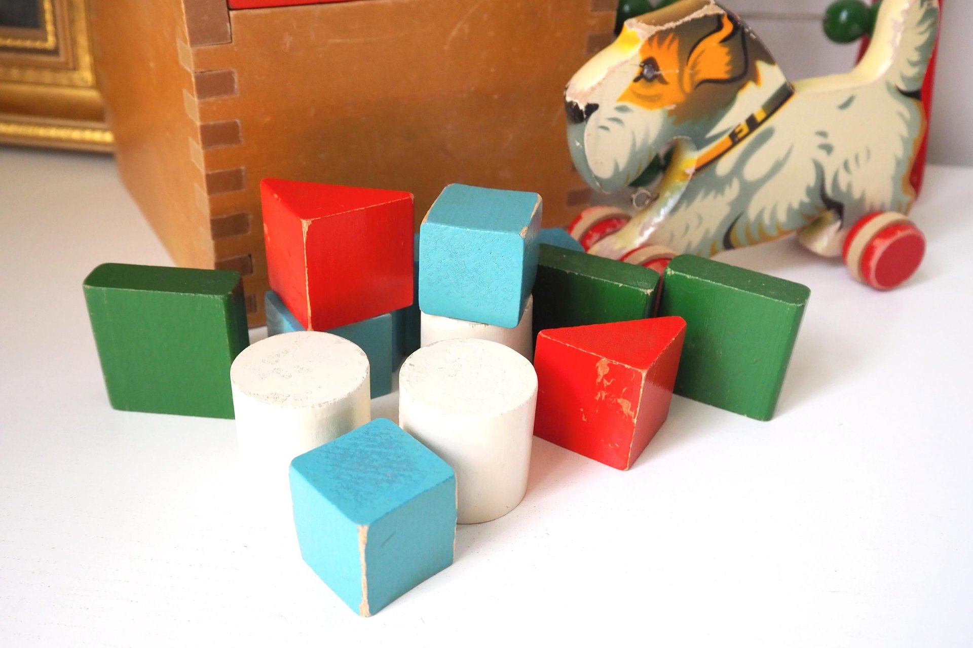 Vintage wooden toy set | Vintage children's abacus | Wooden shape sorter | Vintage wooden blocks | Vintage wooden dog | Vintage wooden toys