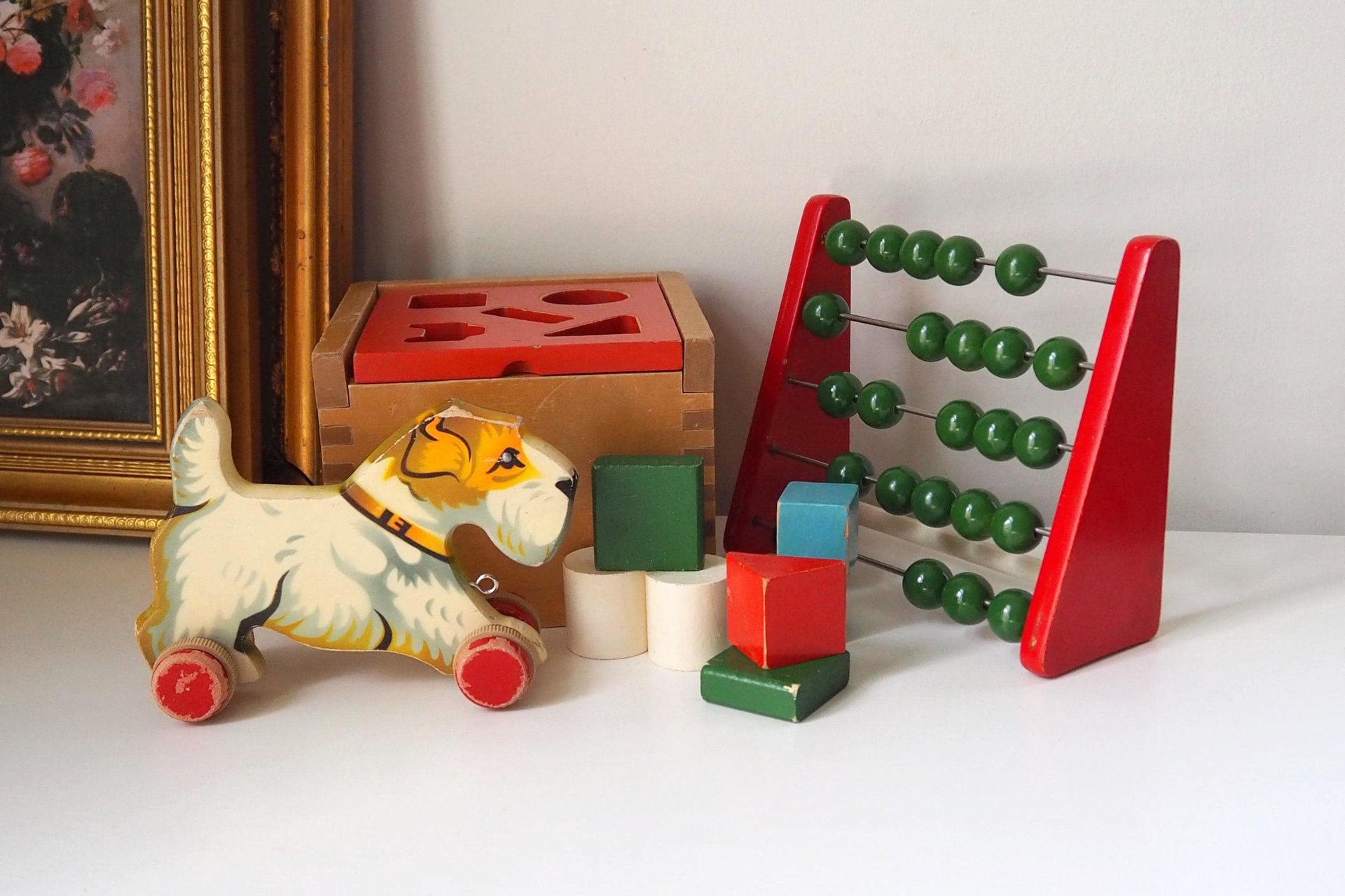 Vintage wooden toy set | Vintage children's abacus | Wooden shape sorter | Vintage wooden blocks | Vintage wooden dog | Vintage wooden toys