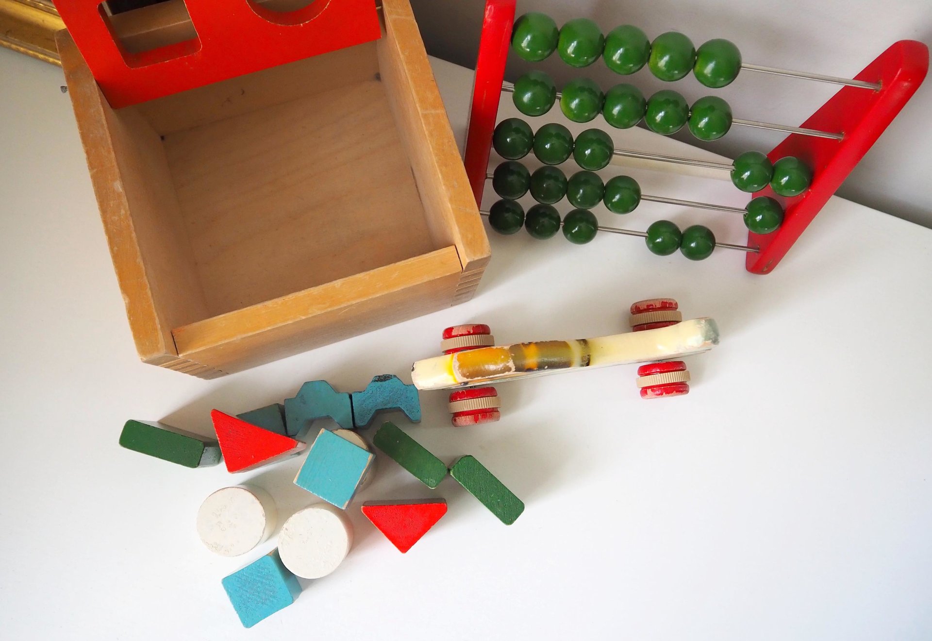Vintage wooden toy set | Vintage children's abacus | Wooden shape sorter | Vintage wooden blocks | Vintage wooden dog | Vintage wooden toys