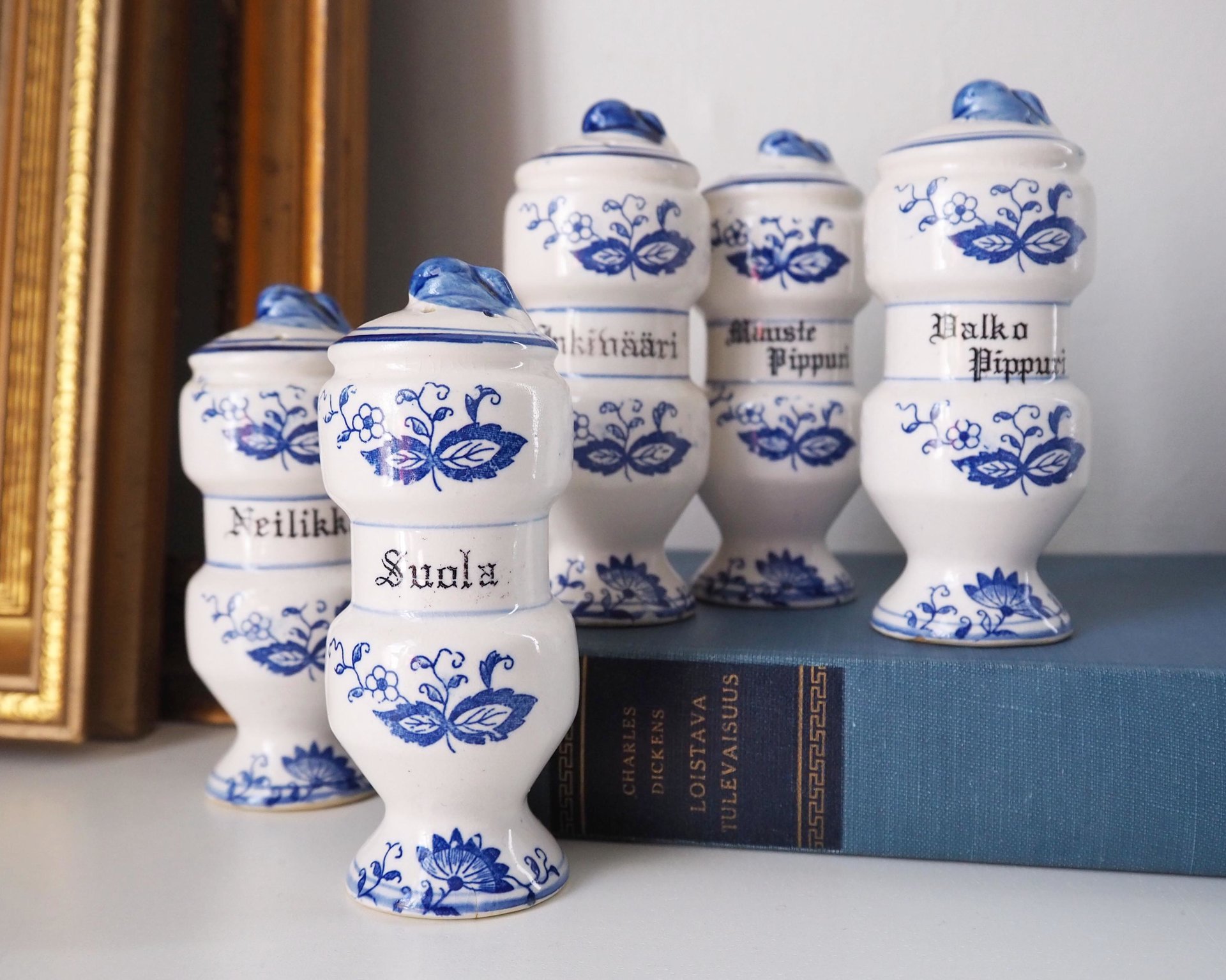 Set of five vintage ceramic spice jars | Blue Onion spice jars | Vintage ceramic spice jars | Blue and white spice jars | Made in Japan