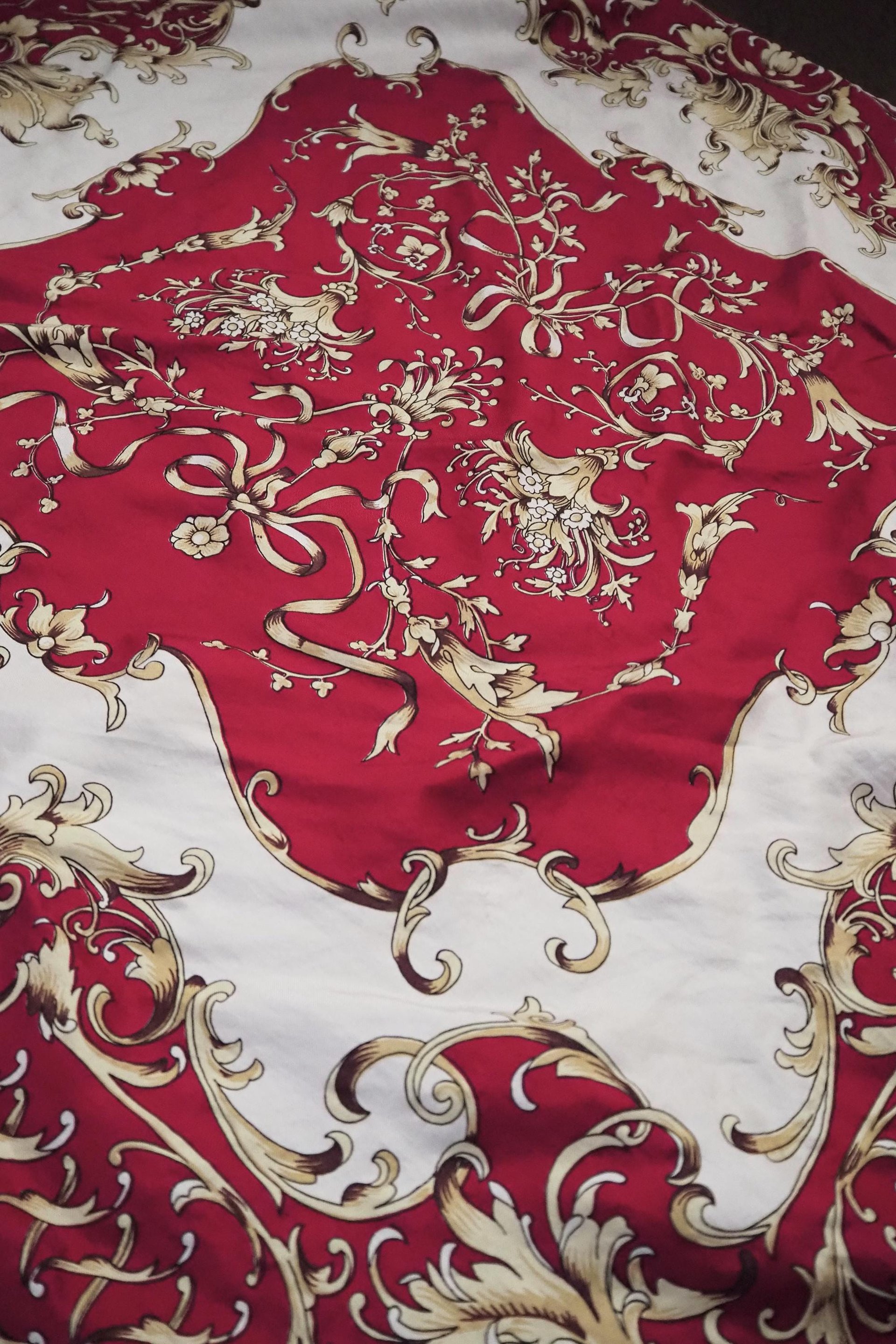 Vintage silk scarf | Baroque silk scarf | Large vintage silk scarf | Red, white and yellow silk scarf | Hand-rolled silk scarf