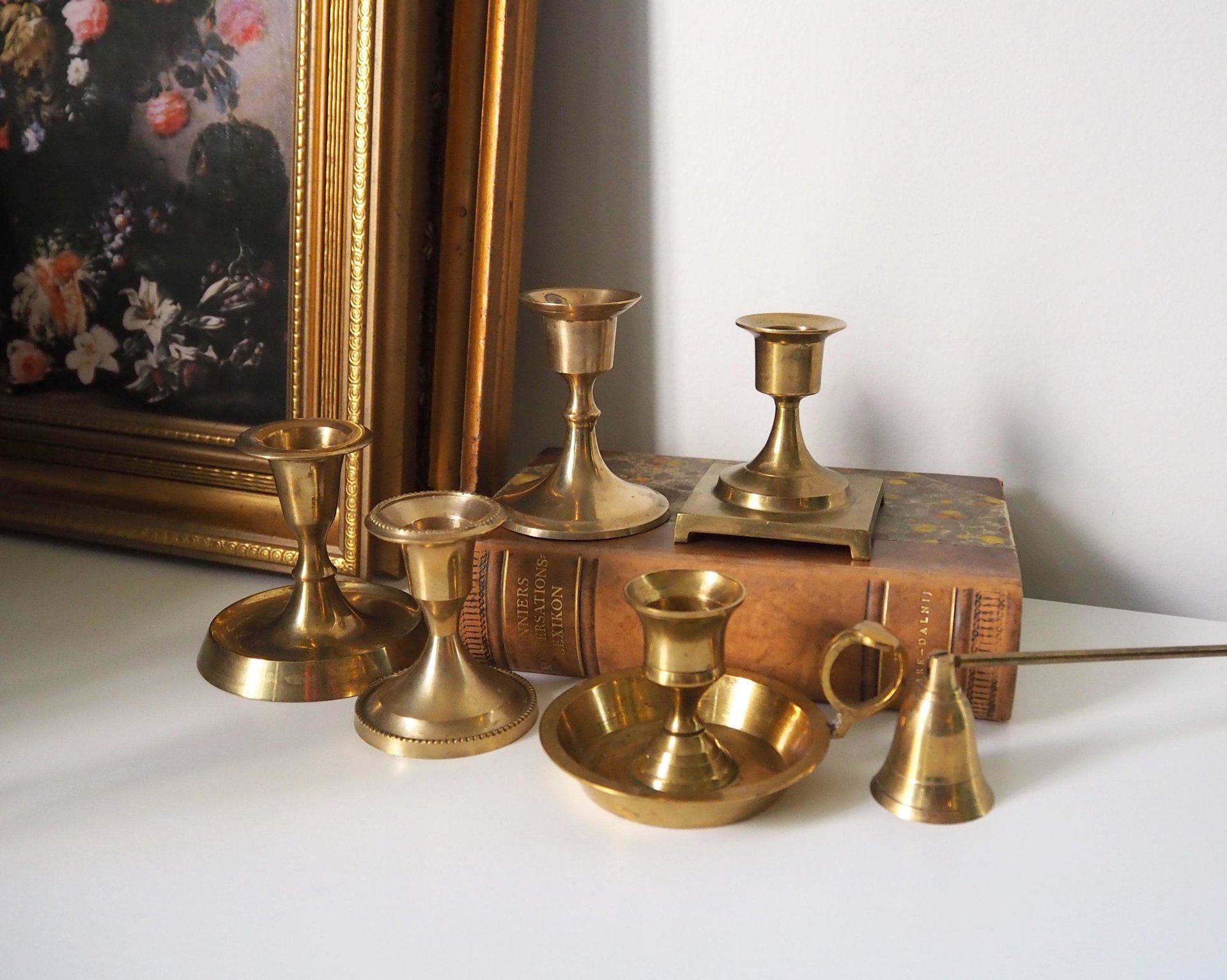 Set of five mismatched vintage candlestick holders | Small candlestick holders | Vintage brass candle holders | Mismatched candle holders