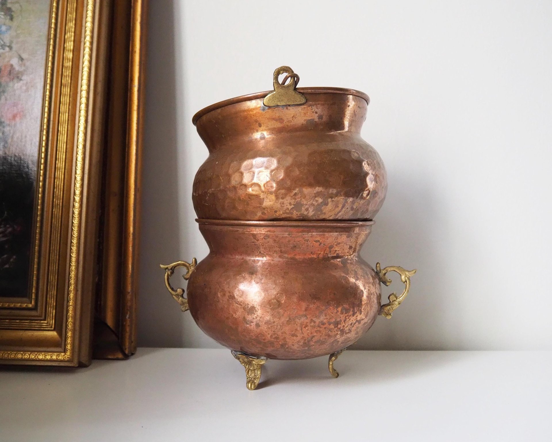 Set of two vintage copper planters | Mismatched copper planters | Round copper planters | Vintage copper planters | Hanging planter