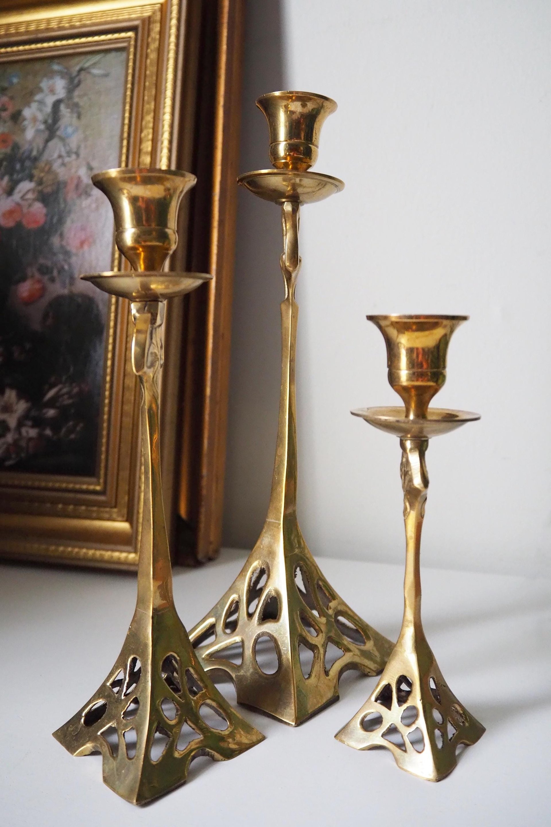 Set of three vintage candlestick holders | Brass candlestick holders | Tall brass candlestick holders | Mismatched candlestick holders