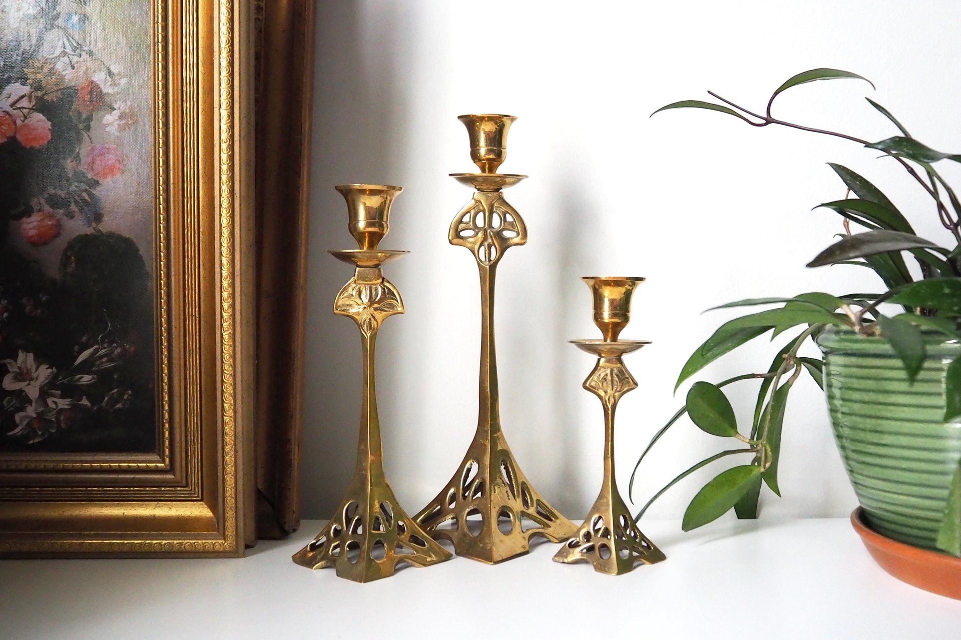 Set of three vintage candlestick holders | Brass candlestick holders | Tall brass candlestick holders | Mismatched candlestick holders