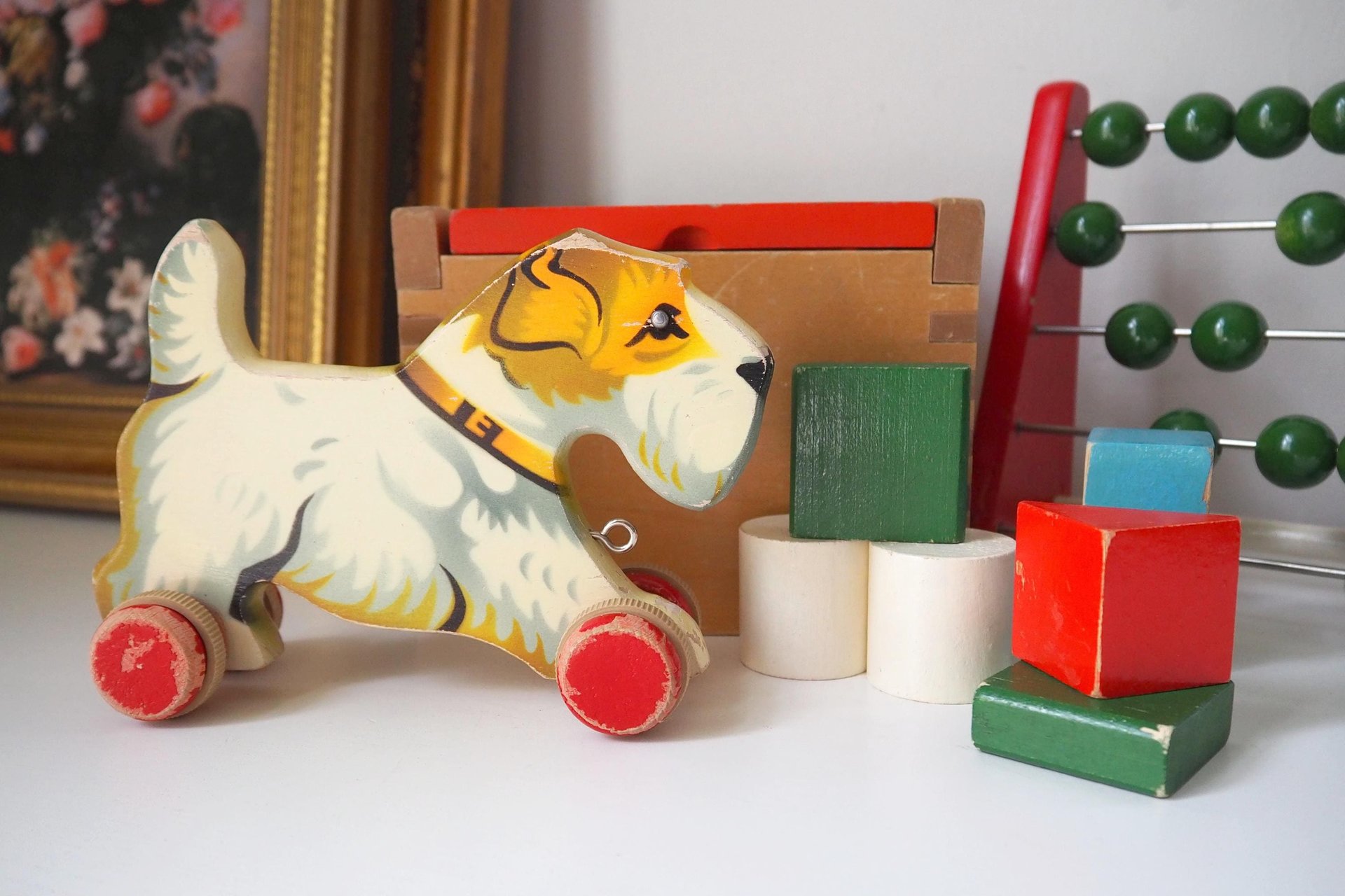Vintage wooden toy set | Vintage children's abacus | Wooden shape sorter | Vintage wooden blocks | Vintage wooden dog | Vintage wooden toys