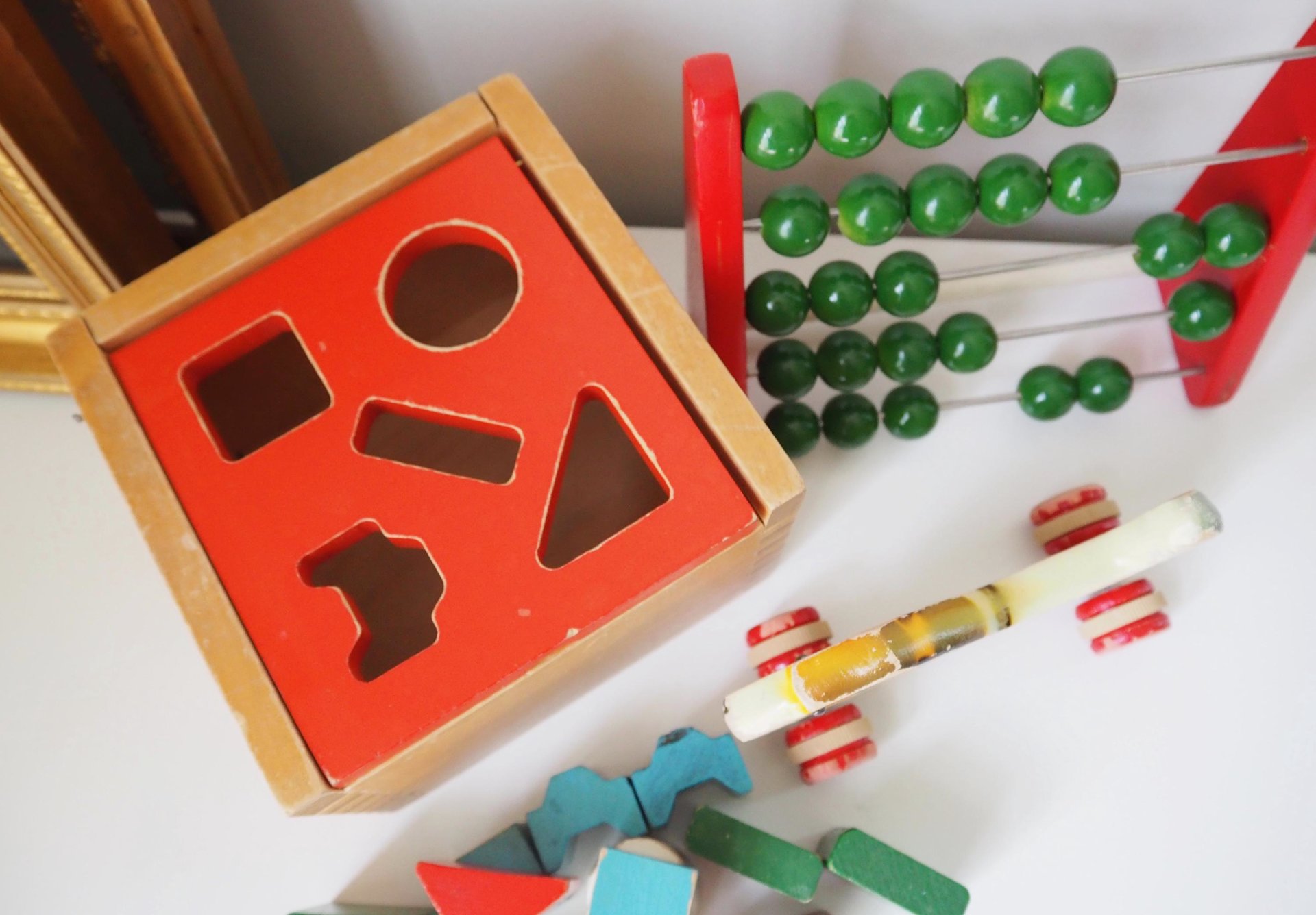 Vintage wooden toy set | Vintage children's abacus | Wooden shape sorter | Vintage wooden blocks | Vintage wooden dog | Vintage wooden toys