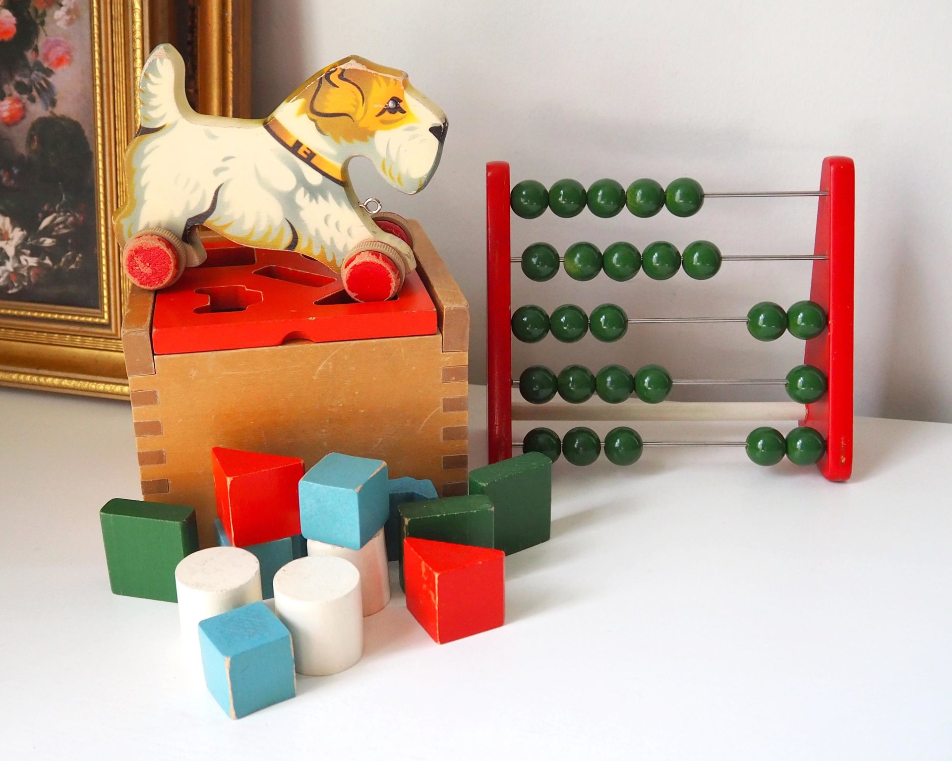Vintage wooden toy set | Vintage children's abacus | Wooden shape sorter | Vintage wooden blocks | Vintage wooden dog | Vintage wooden toys