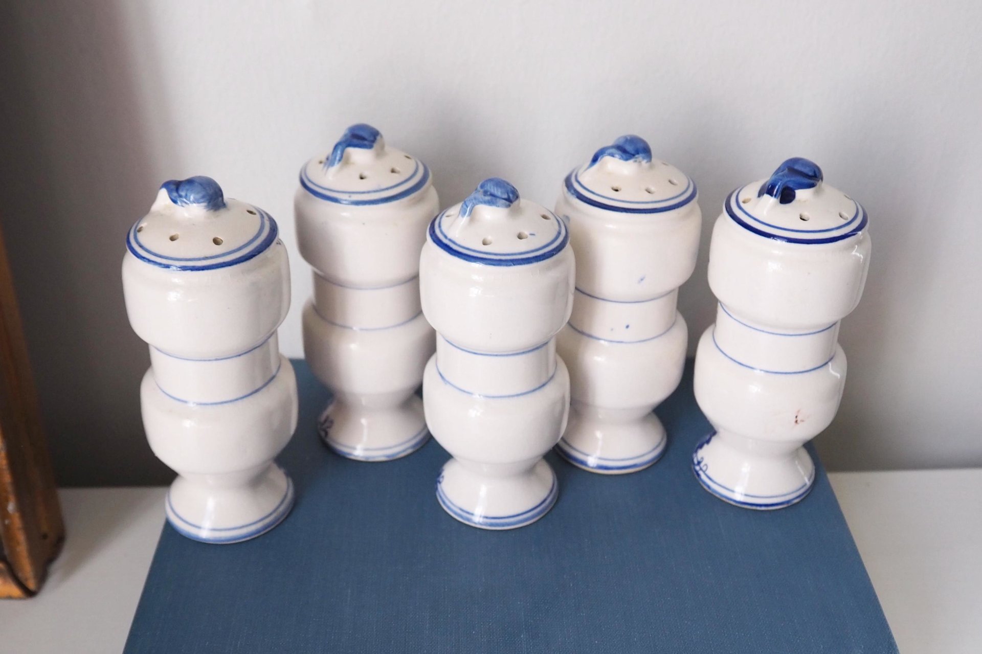 Set of five vintage ceramic spice jars | Blue Onion spice jars | Vintage ceramic spice jars | Blue and white spice jars | Made in Japan