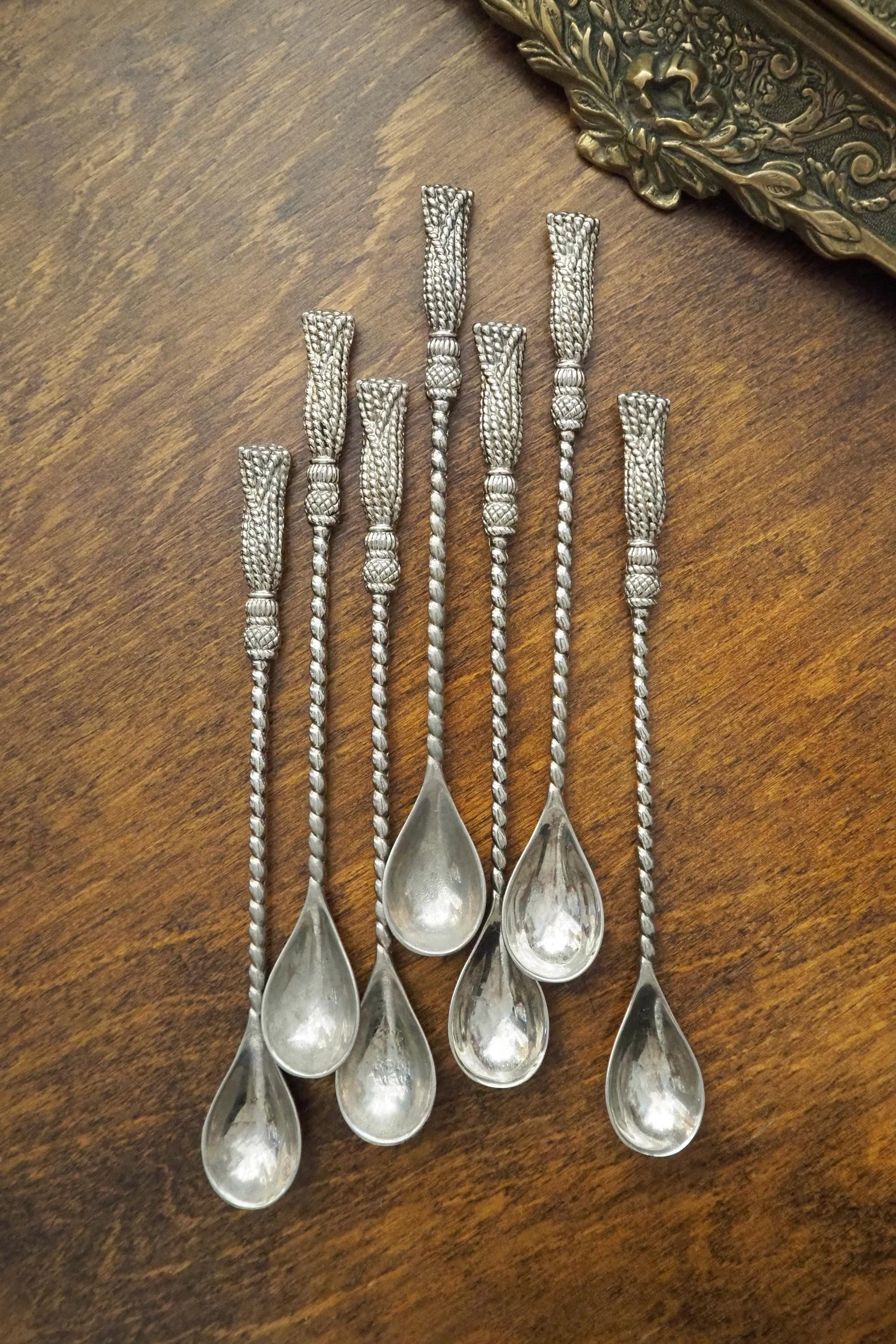 Set of seven vintage spoons | Silea tassel twisted handle spoons | Long vintage spoons | Silea spoons | Vintage dessert spoons