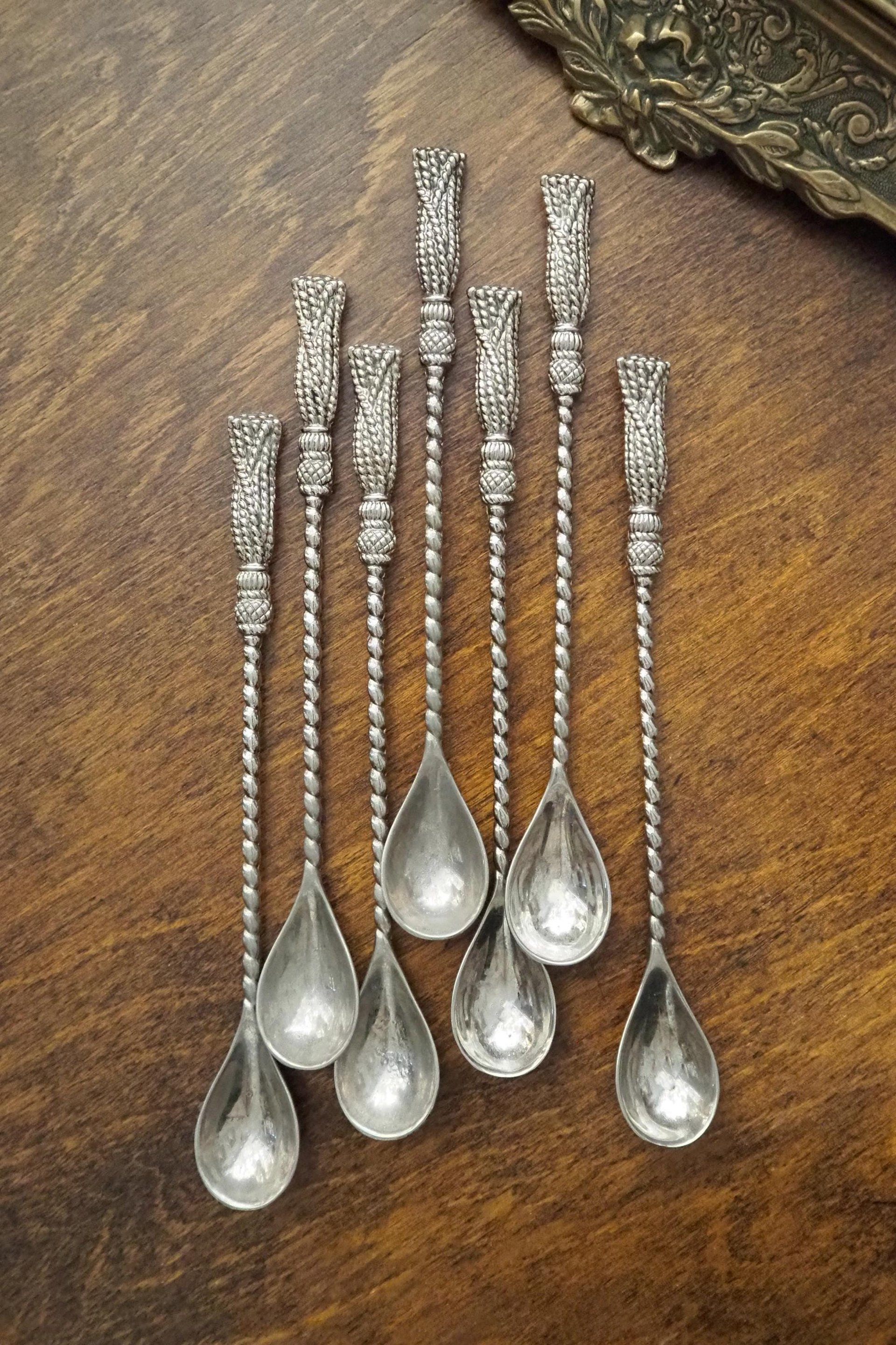 Set of seven vintage spoons | Silea tassel twisted handle spoons | Long vintage spoons | Silea spoons | Vintage dessert spoons