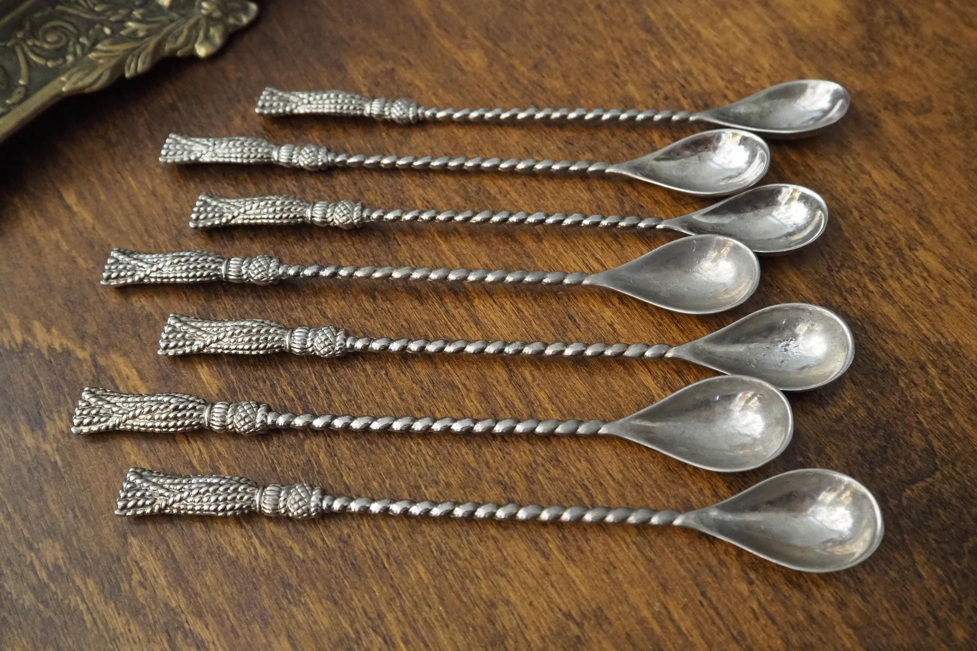 Set of seven vintage spoons | Silea tassel twisted handle spoons | Long vintage spoons | Silea spoons | Vintage dessert spoons