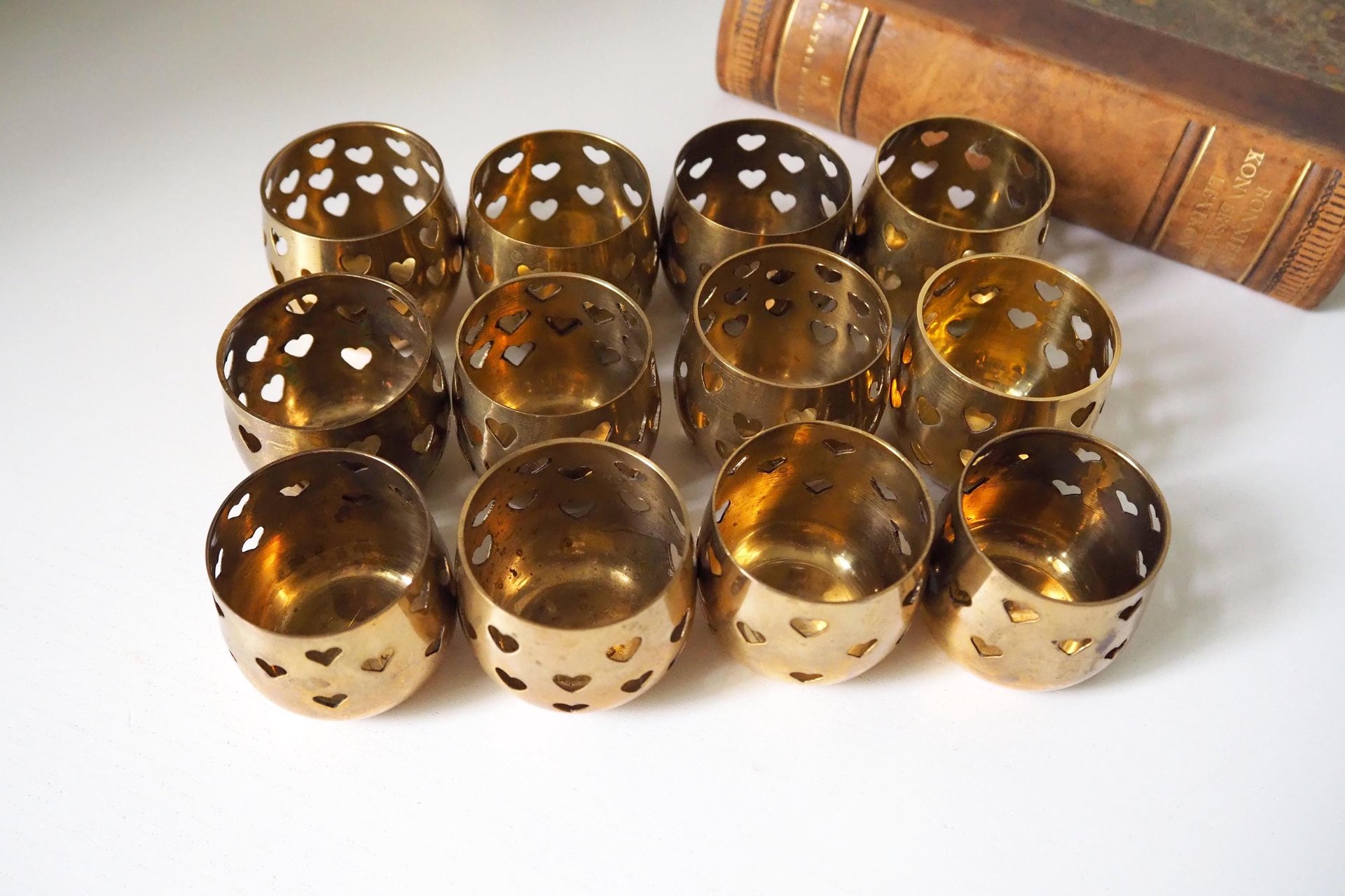Set of twelve vintage tealight candle holders | Heart tealight candleholders | Vintage brass votive candleholders | Brass tealight holders