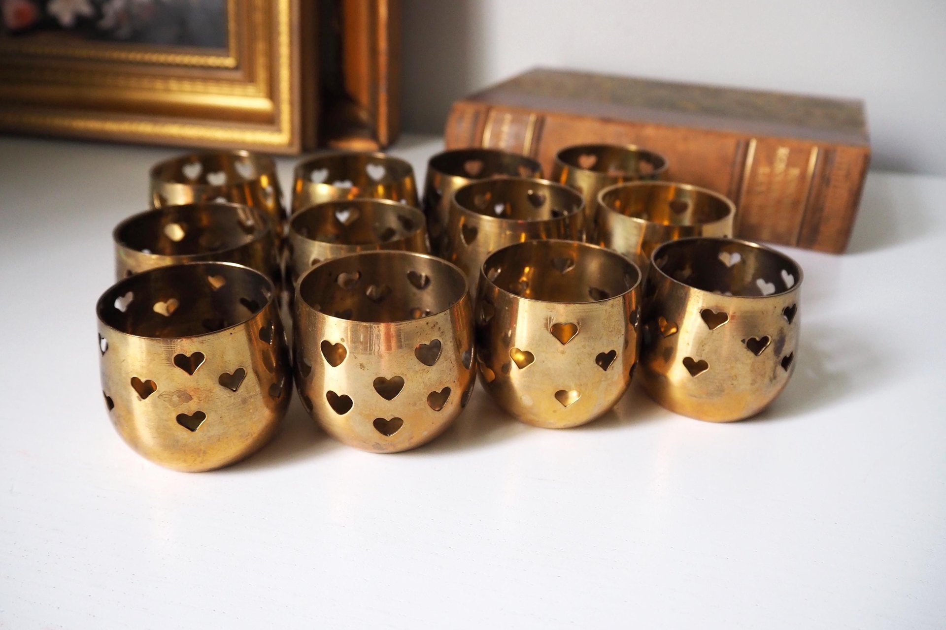 Set of twelve vintage tealight candle holders | Heart tealight candleholders | Vintage brass votive candleholders | Brass tealight holders