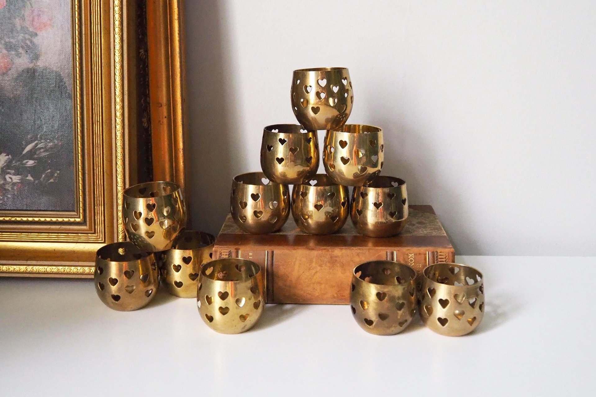 Set of twelve vintage tealight candle holders | Heart tealight candleholders | Vintage brass votive candleholders | Brass tealight holders