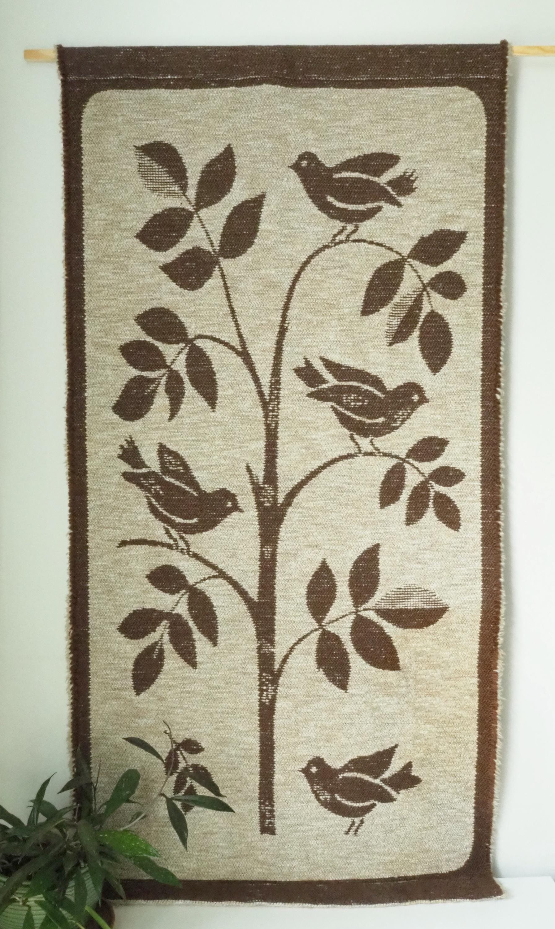 Vintage wall hanging | Large wall hanging | Scandinavian woven textile | Bird wall hanging | Brown and white wall hanging