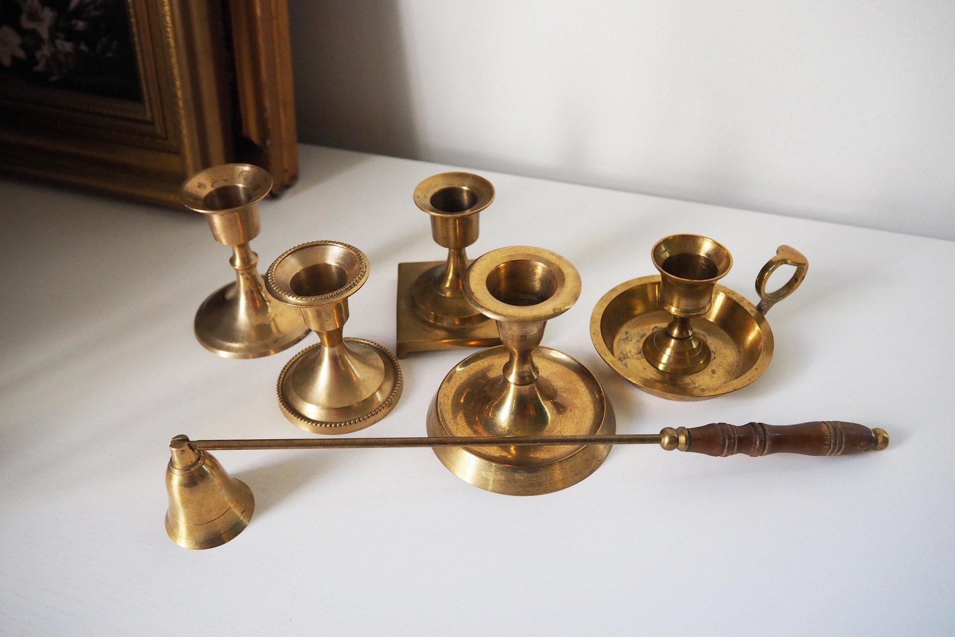 Set of five mismatched vintage candlestick holders | Small candlestick holders | Vintage brass candle holders | Mismatched candle holders