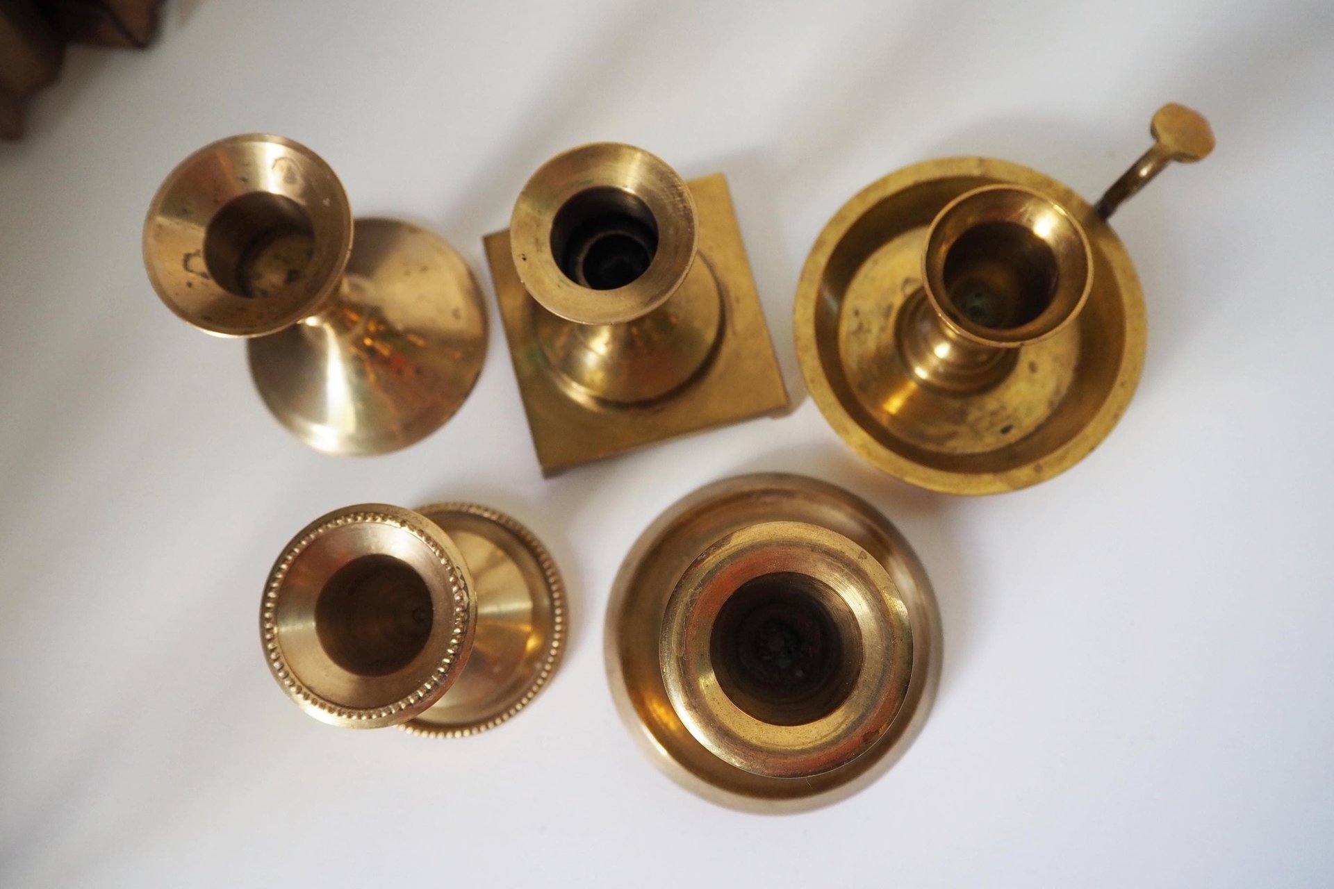 Set of five mismatched vintage candlestick holders | Small candlestick holders | Vintage brass candle holders | Mismatched candle holders