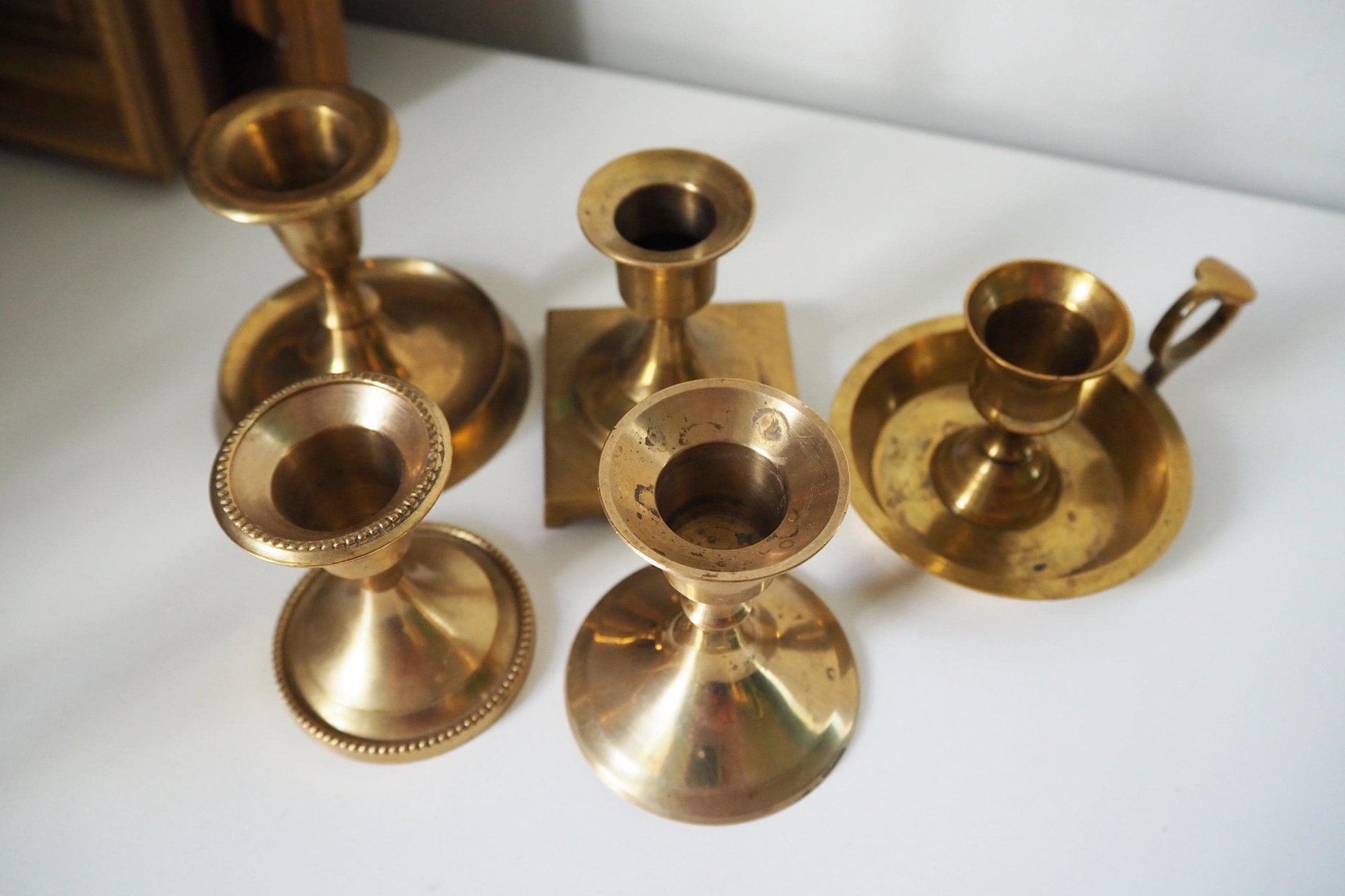 Set of five mismatched vintage candlestick holders | Small candlestick holders | Vintage brass candle holders | Mismatched candle holders