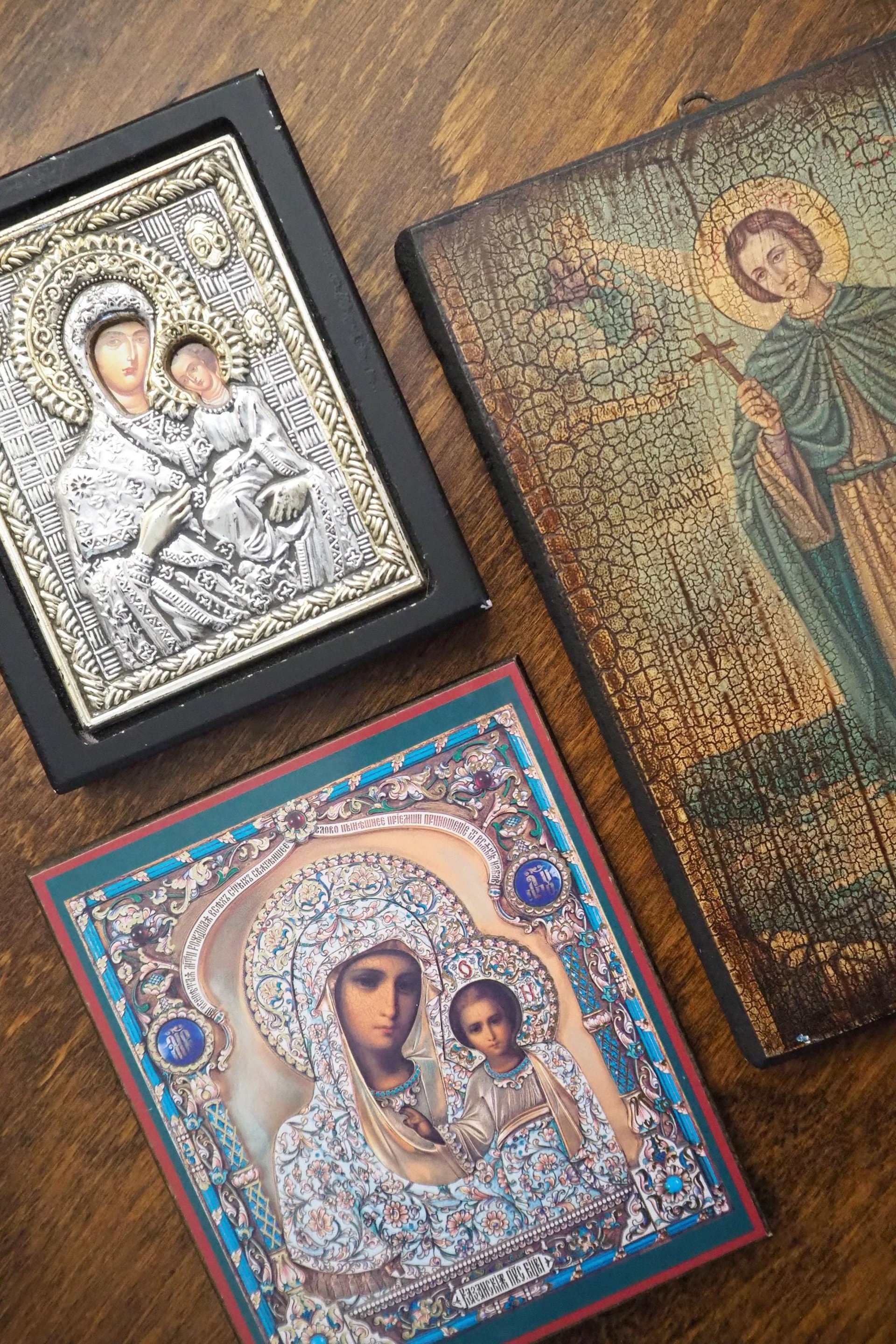Vintage religious icons | Set of three small vintage Orthodox icons | Wooden religious icons | Vintage wooden icons | Small vintage icons