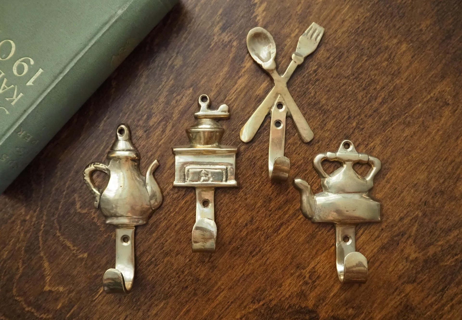 Vintage brass wall hooks | Set of four brass wall hooks | Small brass wall hooks | Kitchen wall hooks | Mismatched brass wall hooks