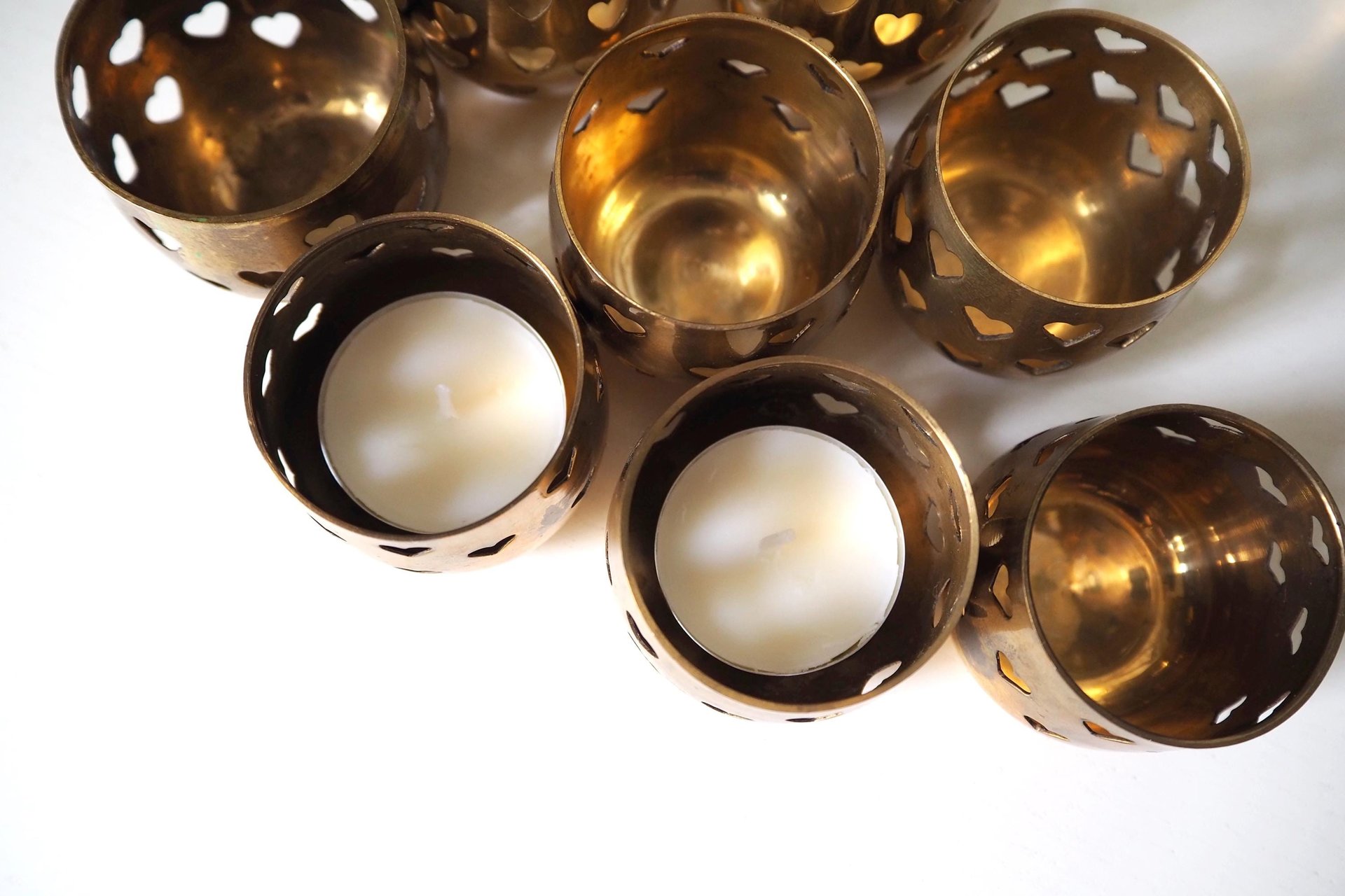 Set of twelve vintage tealight candle holders | Heart tealight candleholders | Vintage brass votive candleholders | Brass tealight holders