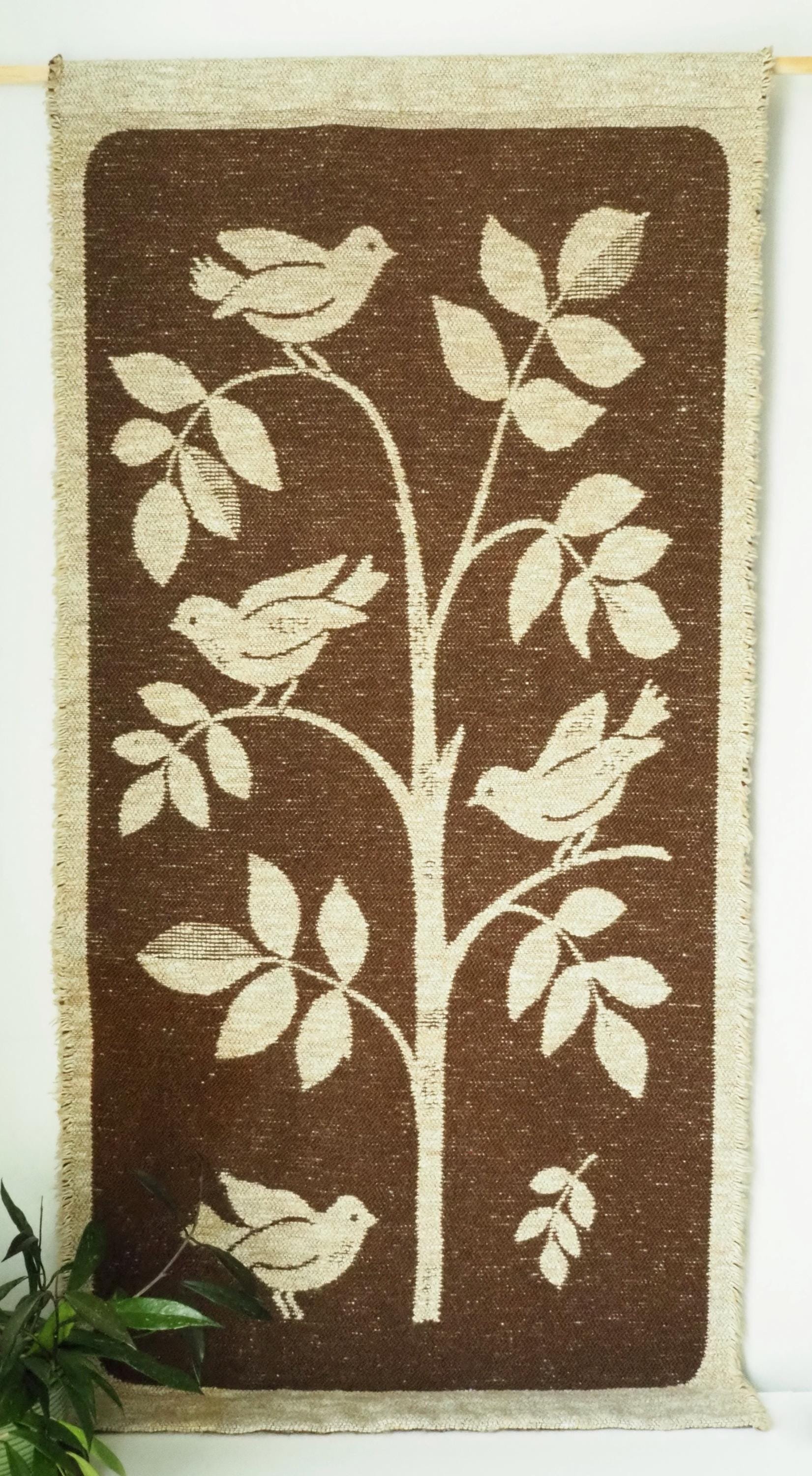Vintage wall hanging | Large wall hanging | Scandinavian woven textile | Bird wall hanging | Brown and white wall hanging