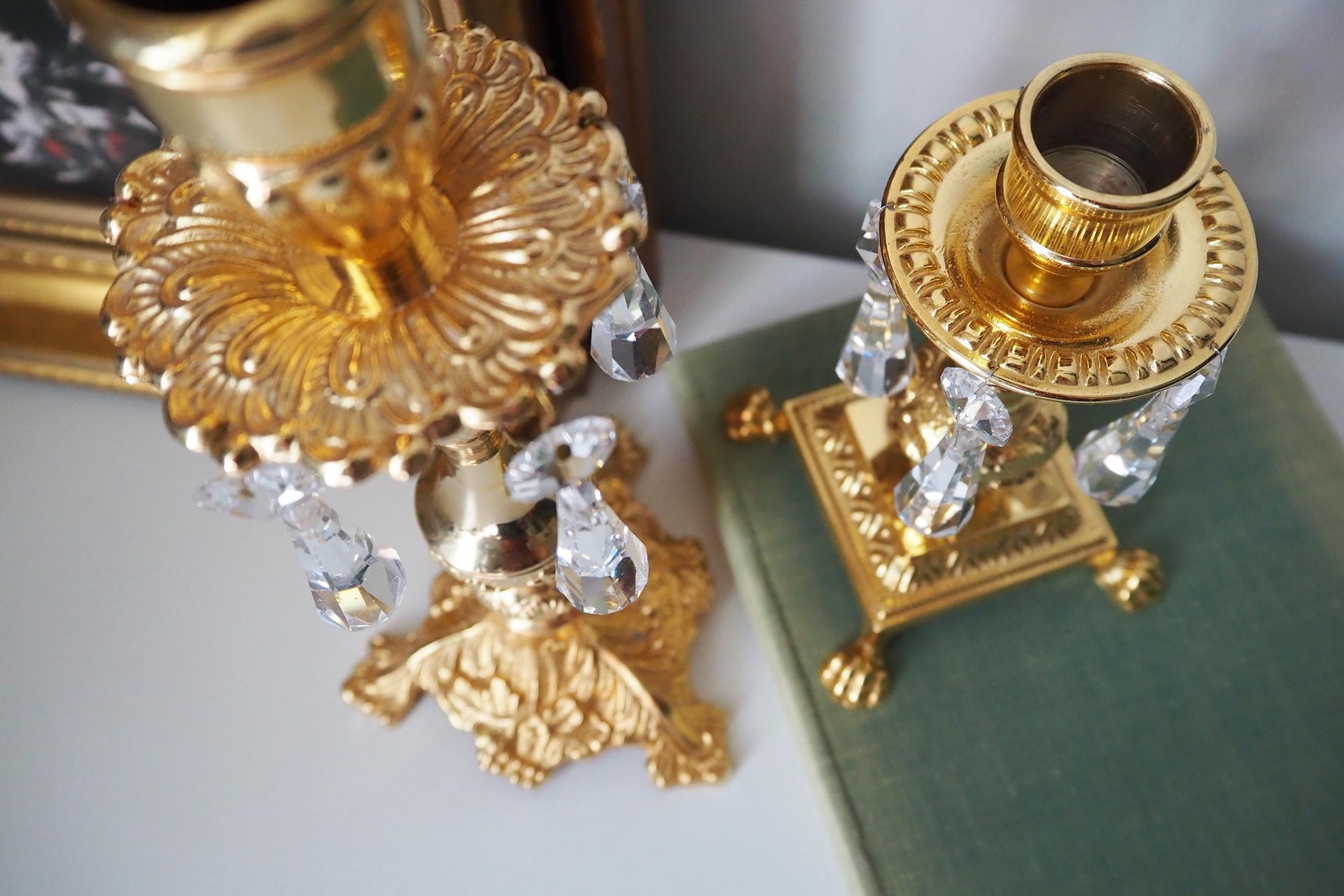 Vintage candlestick holders | Gold plated crystal candlestick holders | Mismatched vintage candlestick holders | Crystal candlestick holder