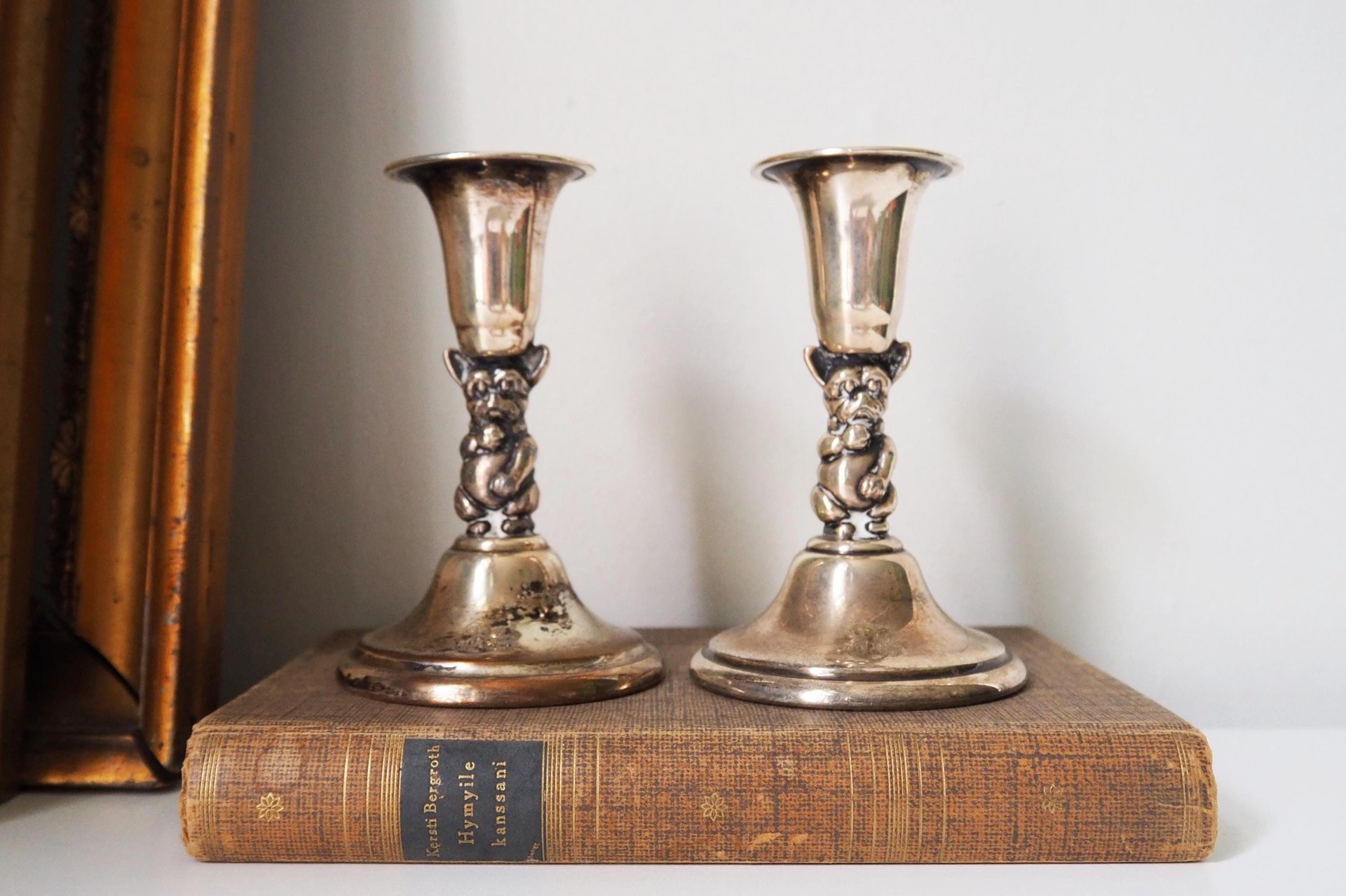 Set of two vintage candlesticks | Silver plated candle holders | Bulldog candlesticks | Vintage candle holders | Dog home decor