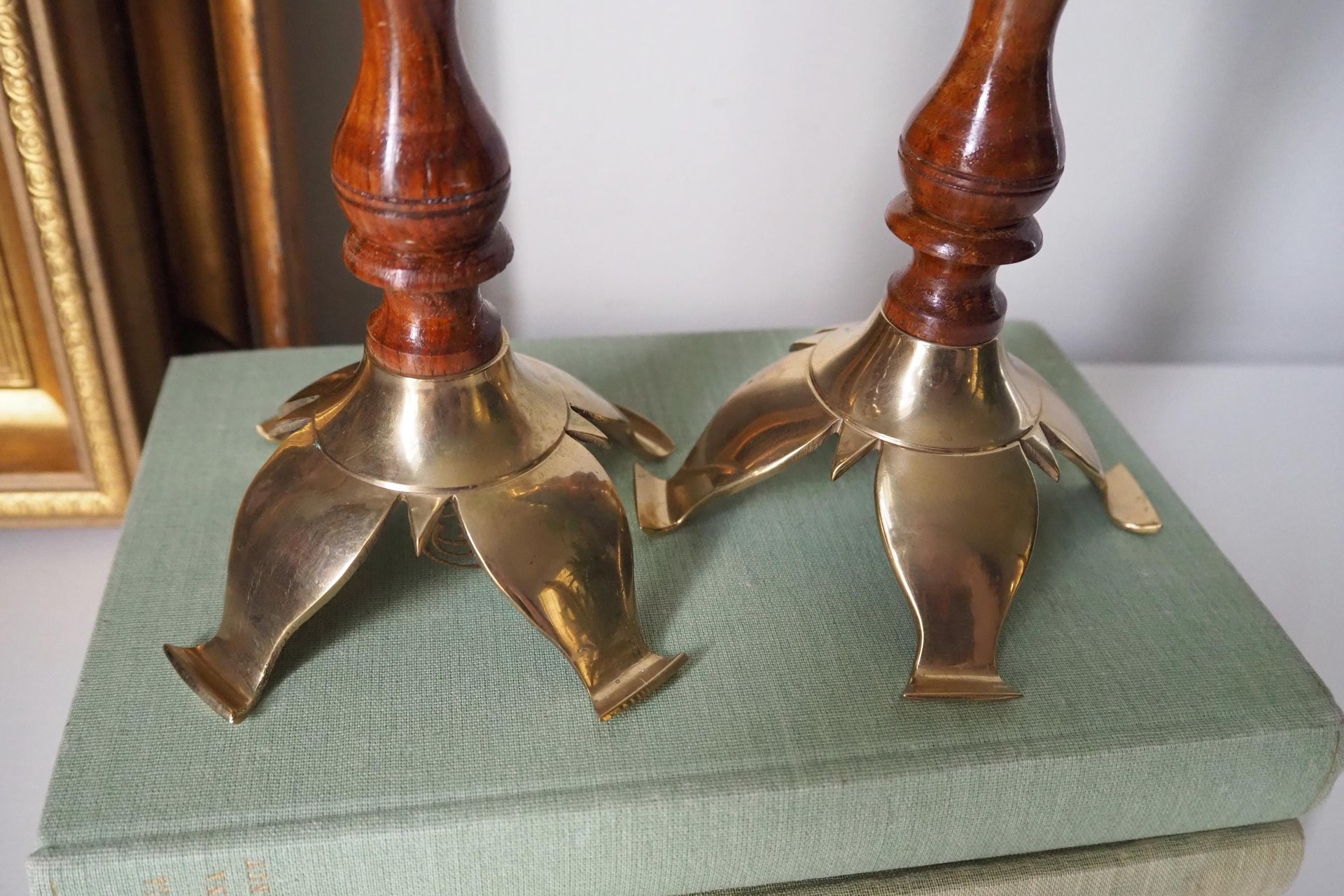 Pair of vintage candlestick holders | Brass and wood candlesticks | Vintage brass and wood candlestick holders