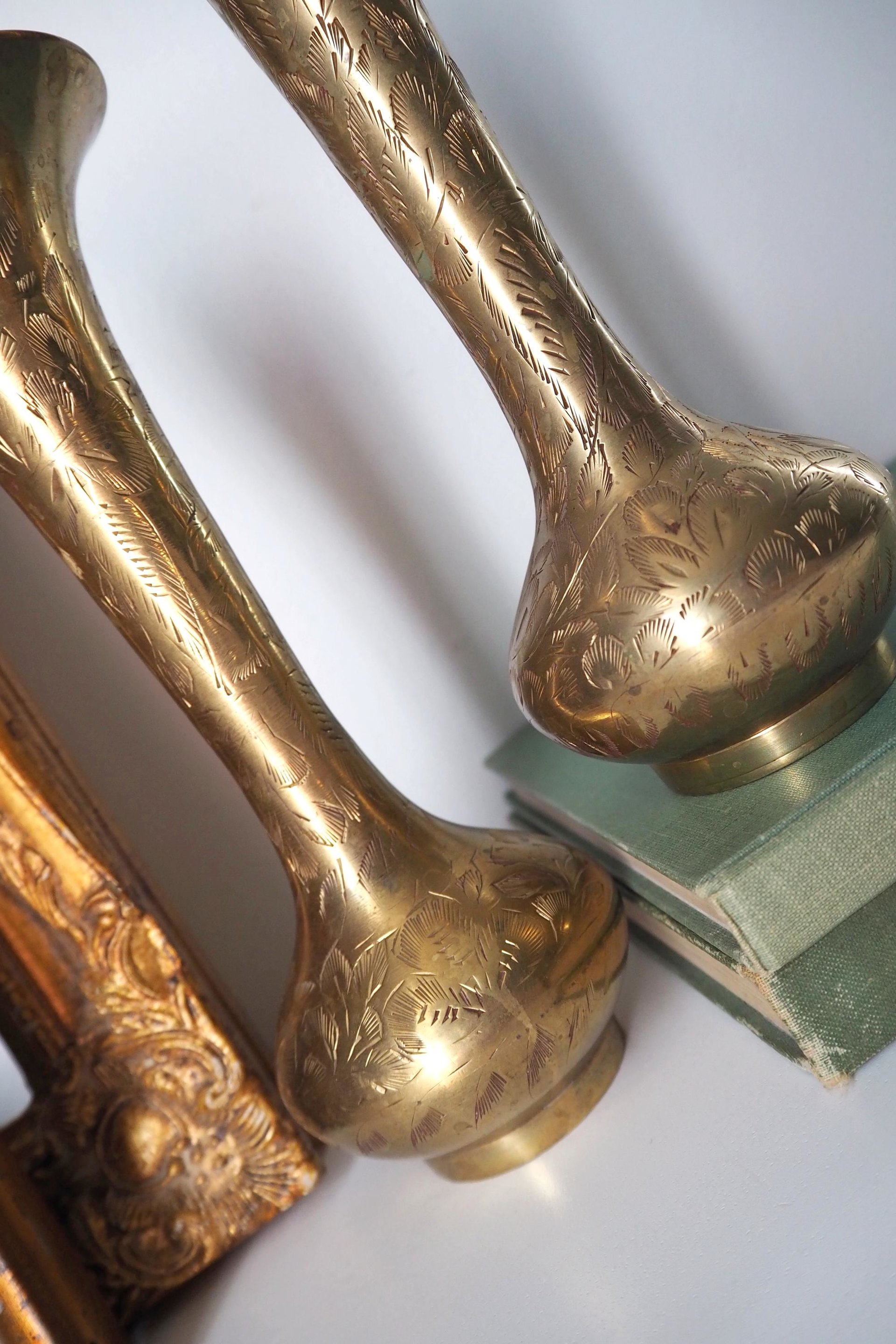 Set of two vintage brass vases | Small brass vases | Vintage bud vase | Vintage single flower vases | Etched brass vases | Brass home decor
