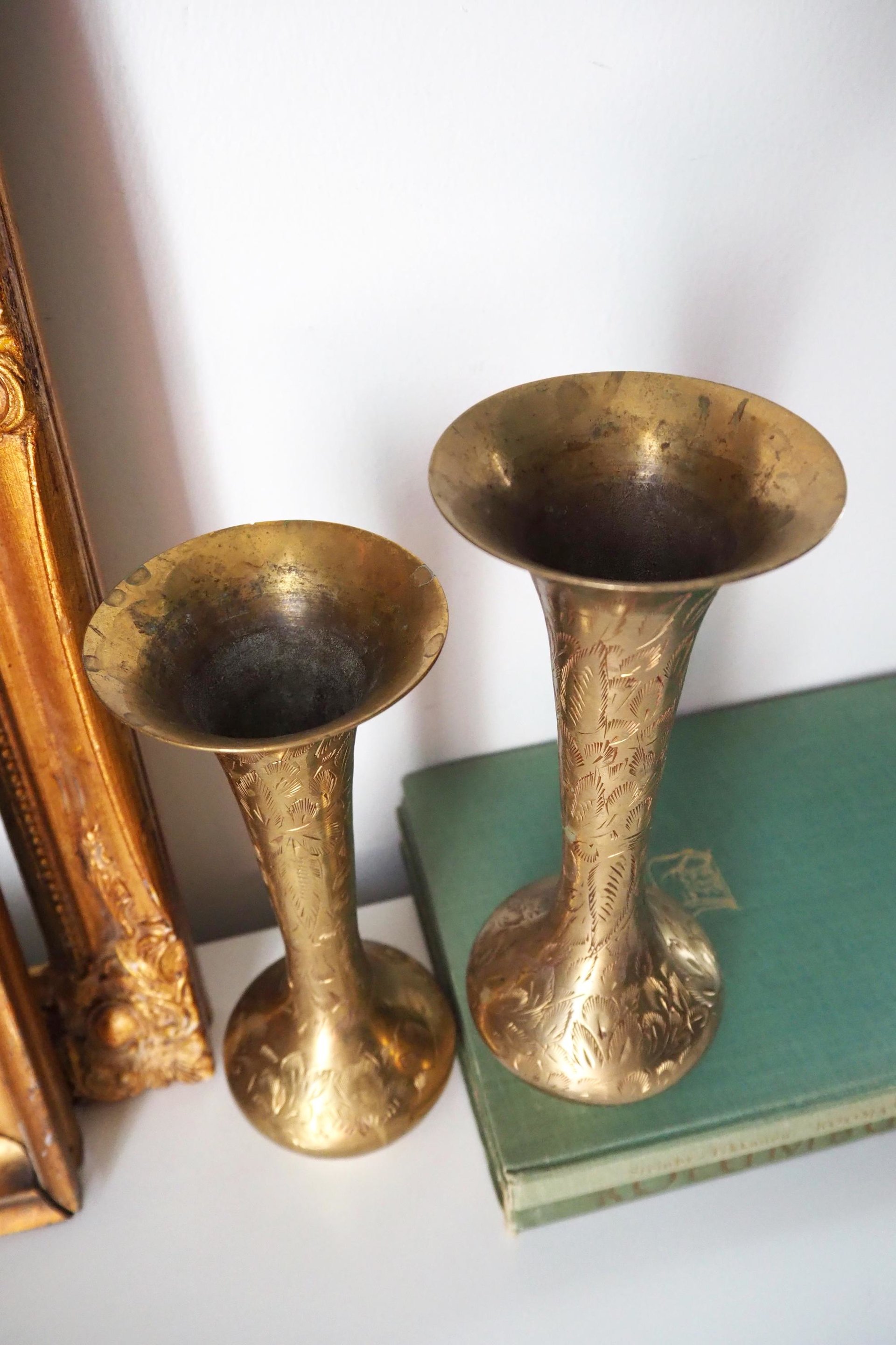 Set of two vintage brass vases | Small brass vases | Vintage bud vase | Vintage single flower vases | Etched brass vases | Brass home decor