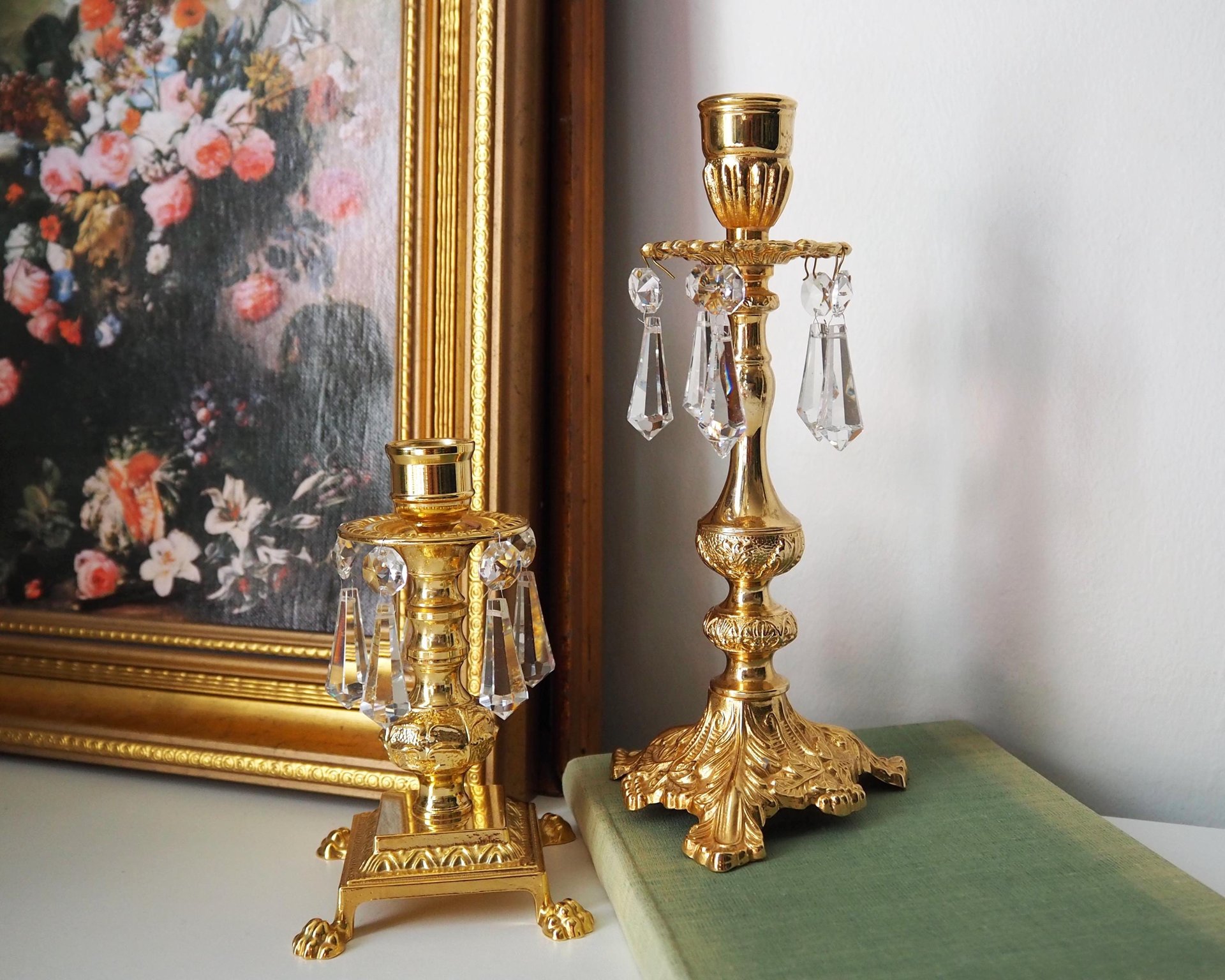 Vintage candlestick holders | Gold plated crystal candlestick holders | Mismatched vintage candlestick holders | Crystal candlestick holder