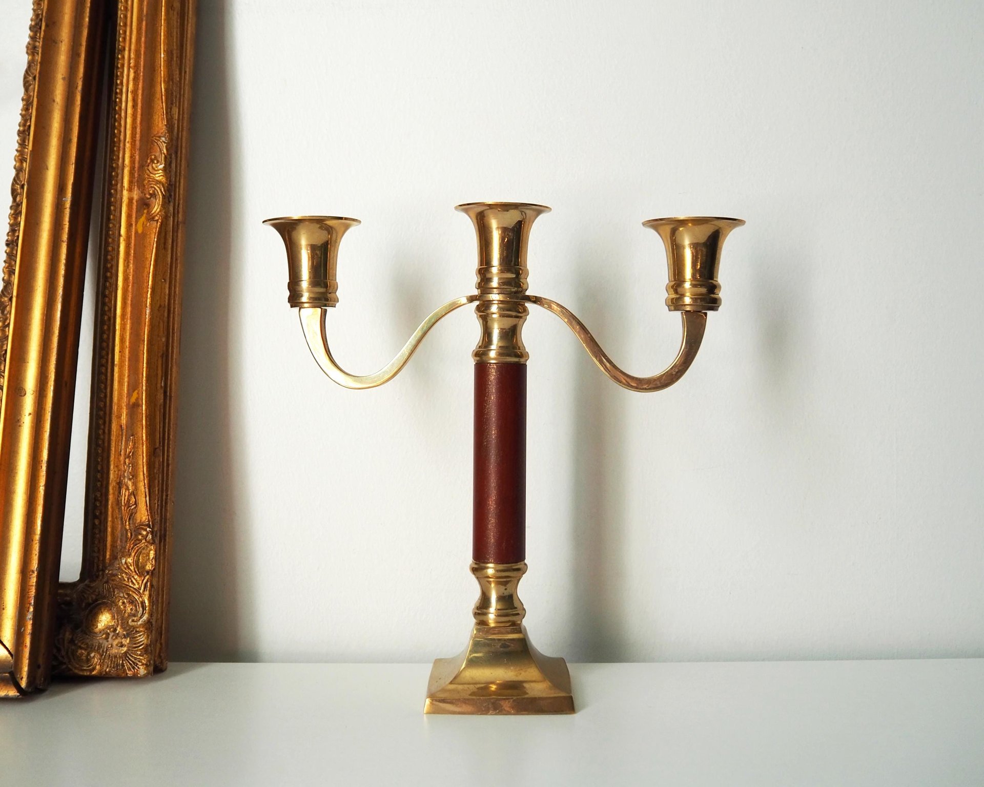 Vintage brass candelabra | Brass and wood candelabra | Three arm brass candlestick holder | Three arm candelabrum