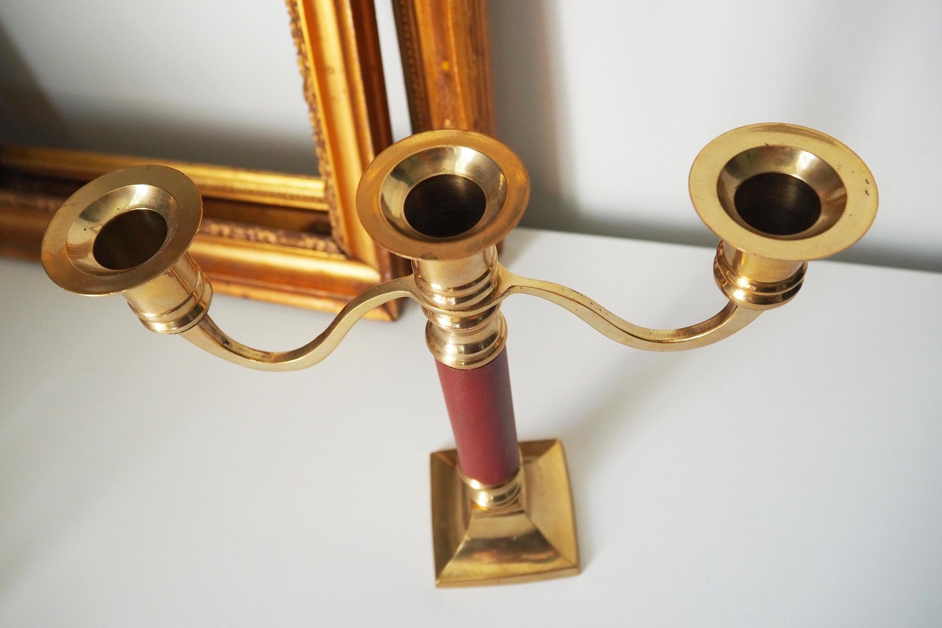Vintage brass candelabra | Brass and wood candelabra | Three arm brass candlestick holder | Three arm candelabrum