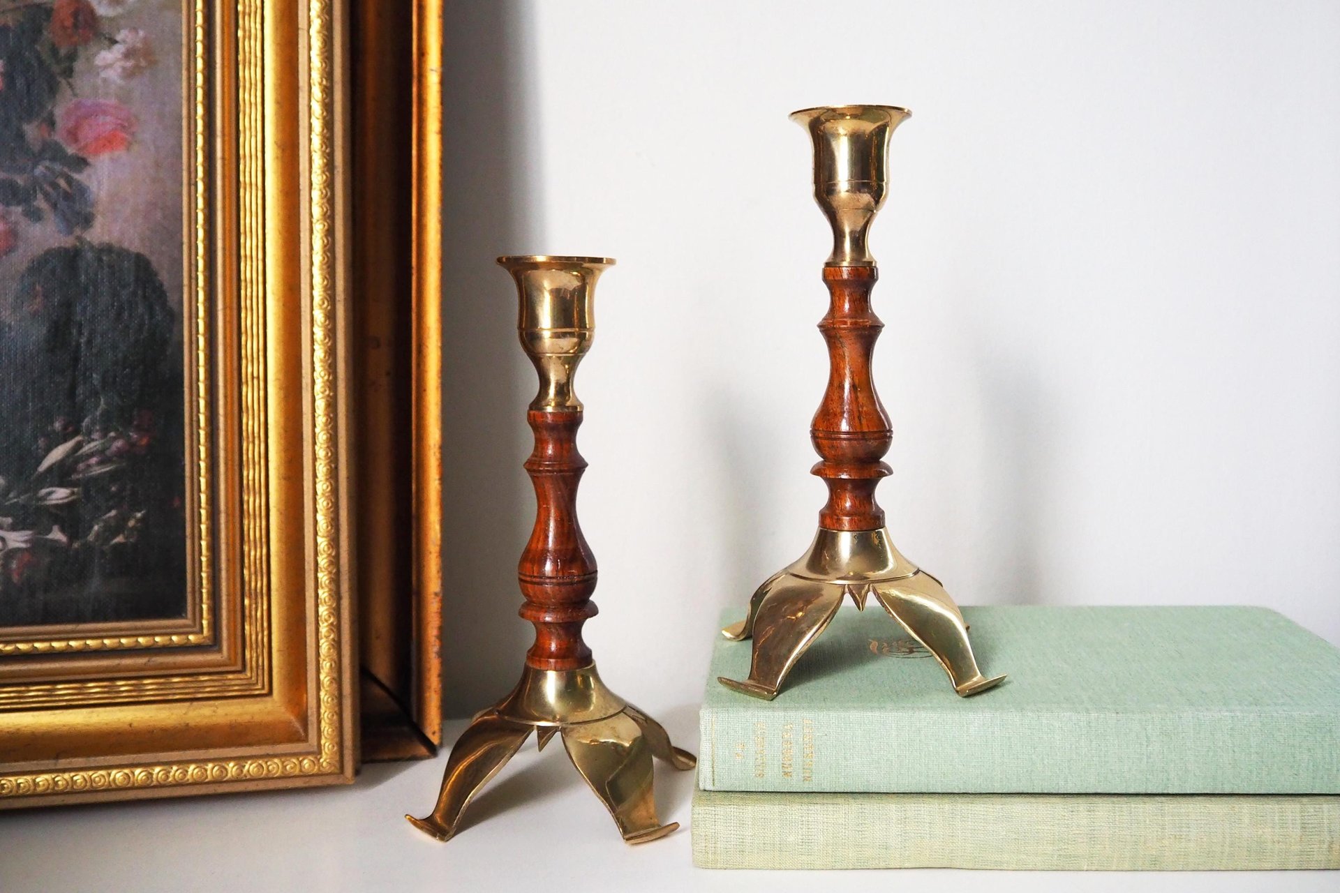 Pair of vintage candlestick holders | Brass and wood candlesticks | Vintage brass and wood candlestick holders