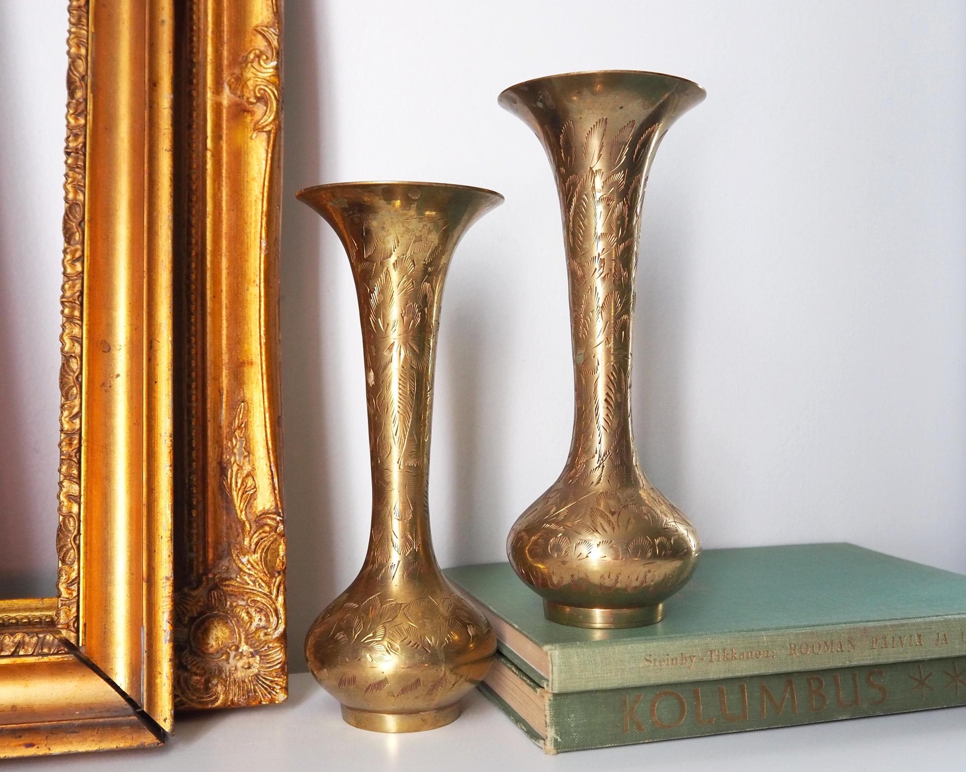 Set of two vintage brass vases | Small brass vases | Vintage bud vase | Vintage single flower vases | Etched brass vases | Brass home decor