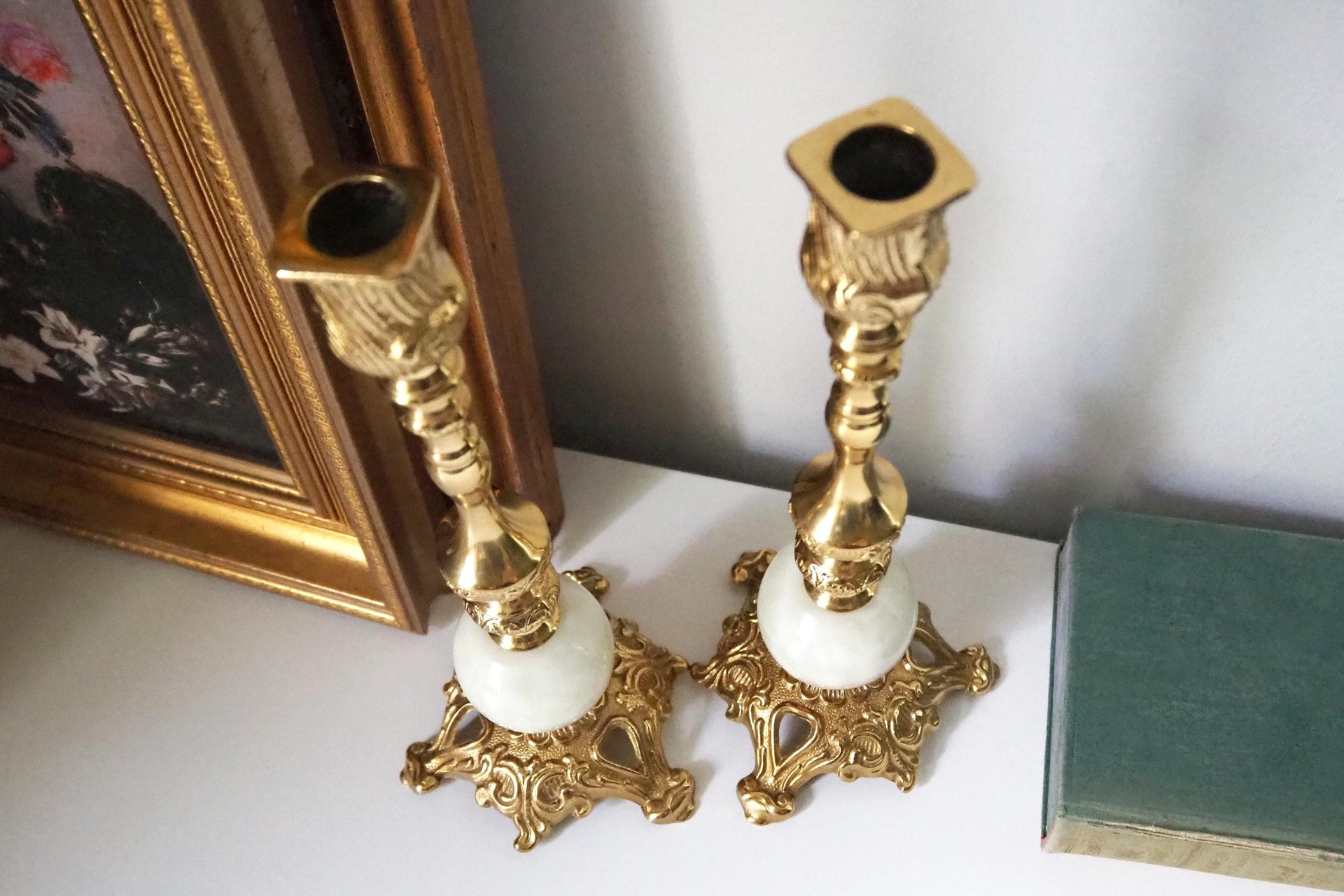 Set of two vintage candlestick holders | Gold and onyx marble candle holders | Tall candlestick holders | Matching candle holders