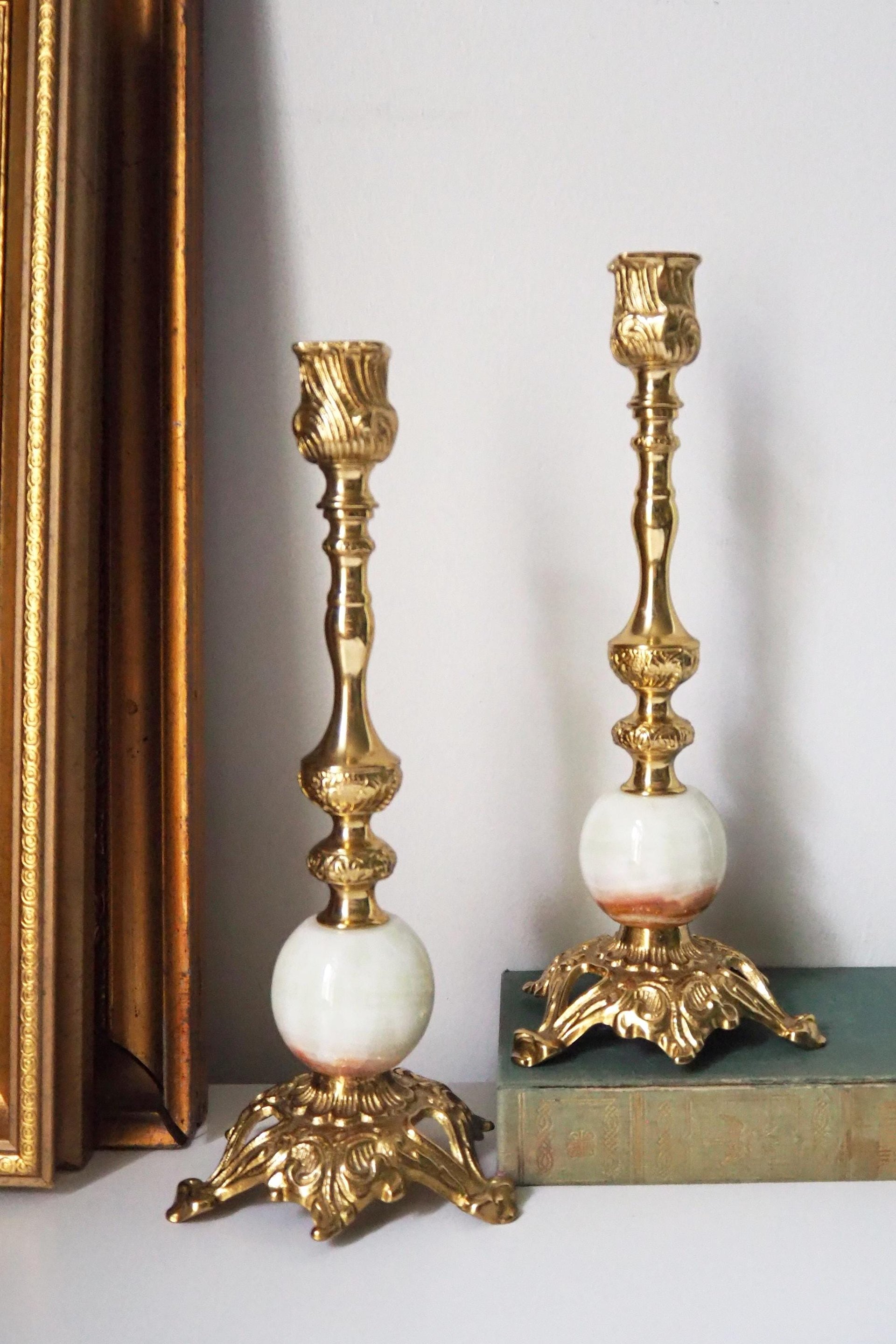 Set of two vintage candlestick holders | Gold and onyx marble candle holders | Tall candlestick holders | Matching candle holders