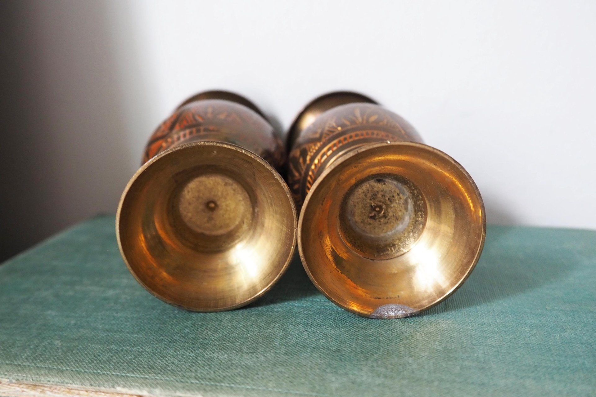 Set of two small vintage vases | Small brass vases | Vintage bud vase | Vintage single flower vases | Etched brass vases
