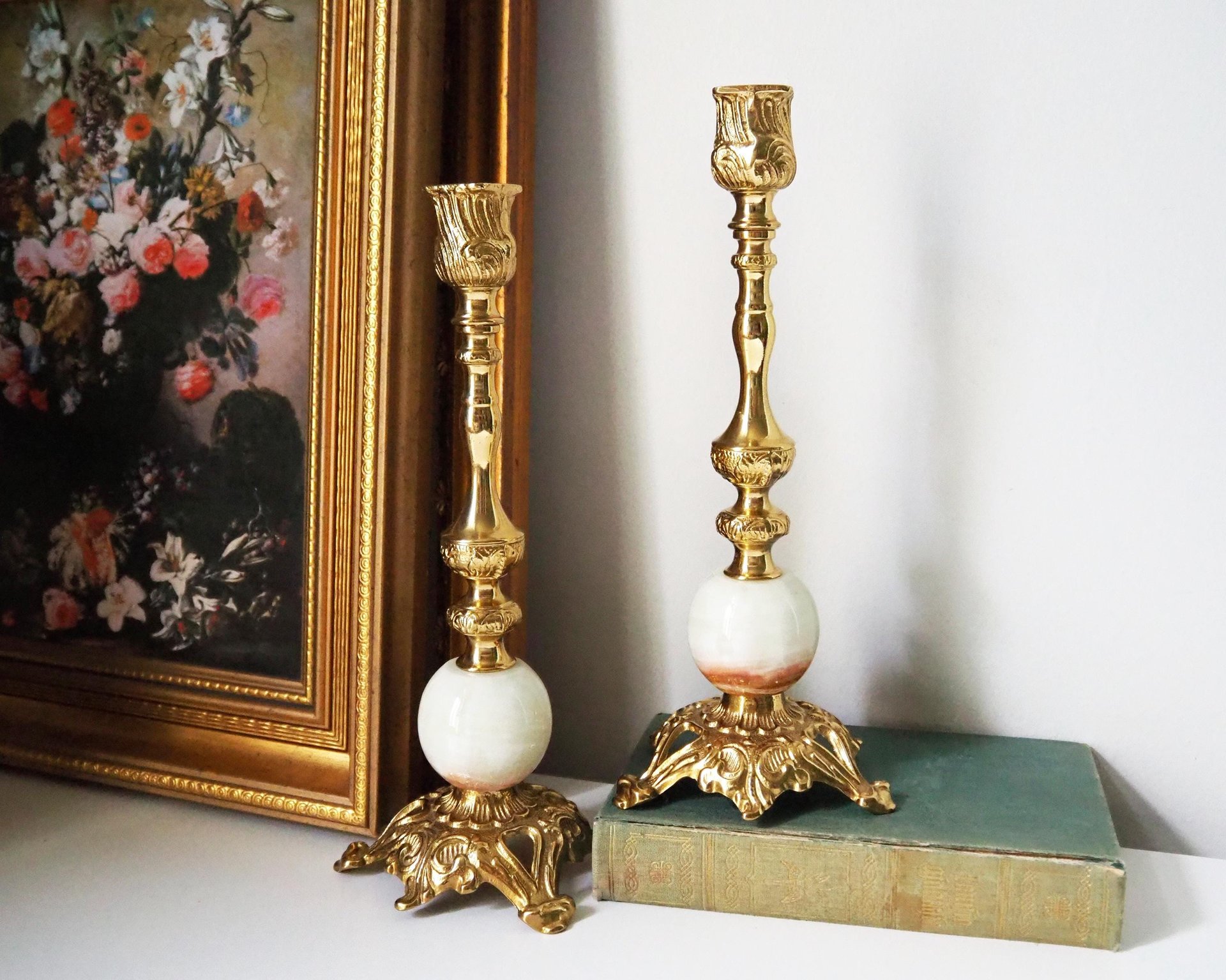 Set of two vintage candlestick holders | Gold and onyx marble candle holders | Tall candlestick holders | Matching candle holders