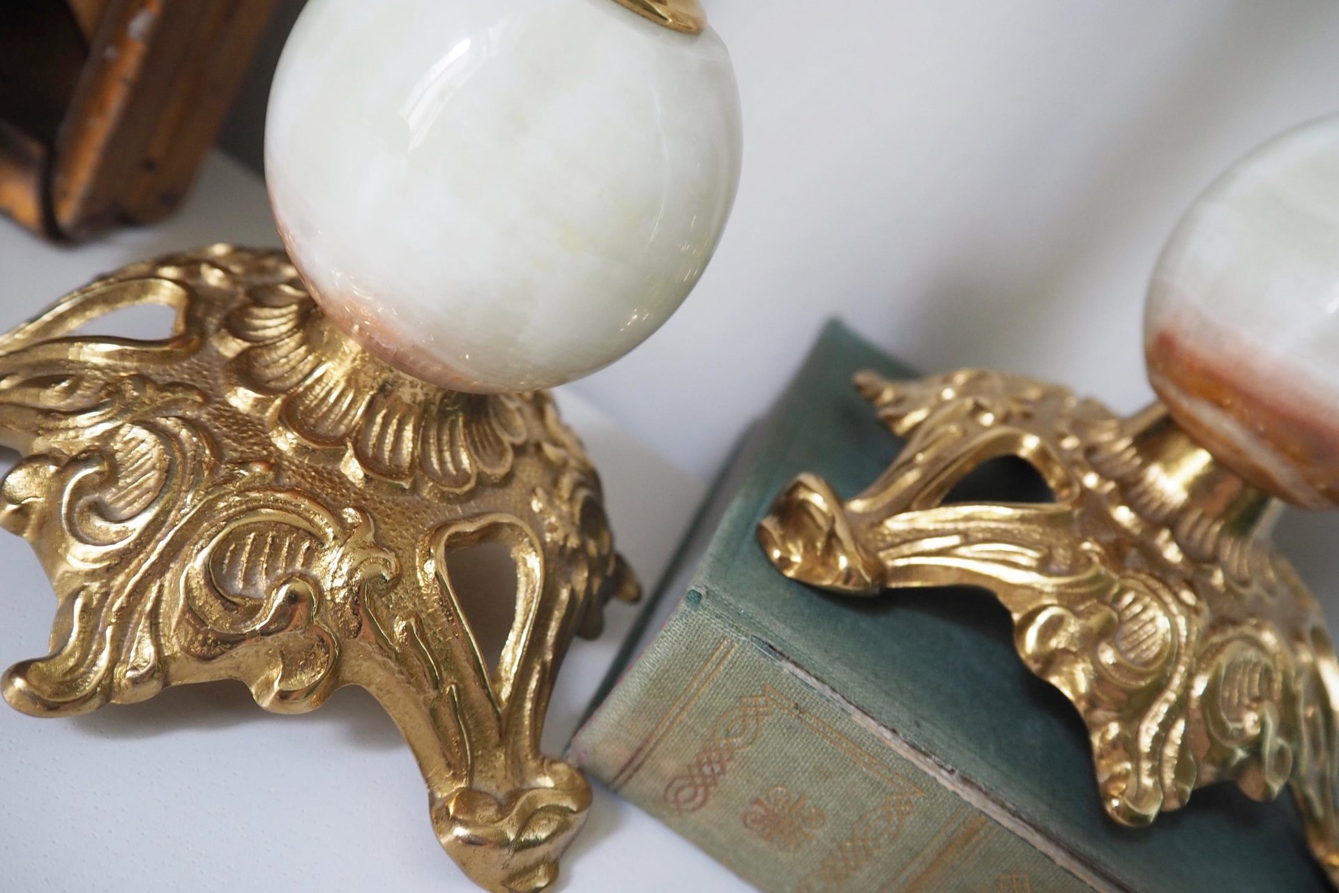 Set of two vintage candlestick holders | Gold and onyx marble candle holders | Tall candlestick holders | Matching candle holders