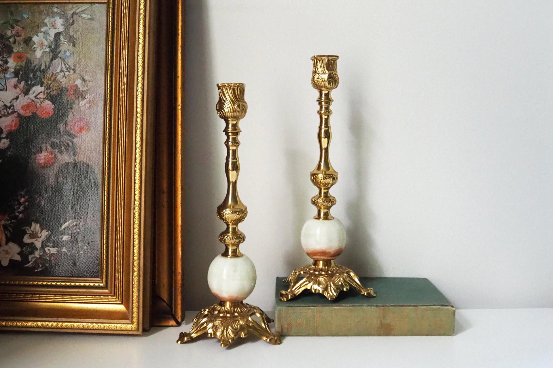 Set of two vintage candlestick holders | Gold and onyx marble candle holders | Tall candlestick holders | Matching candle holders