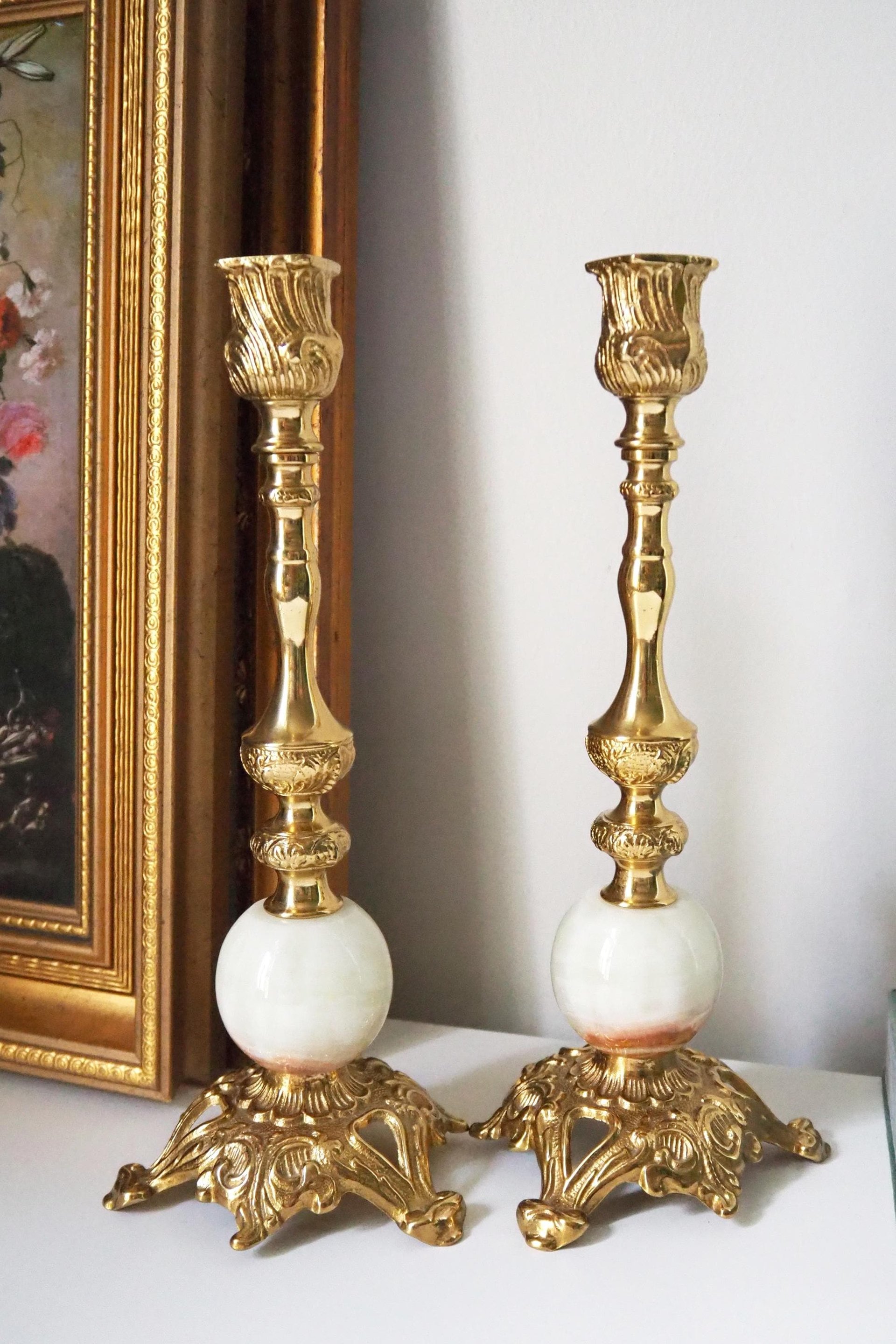 Set of two vintage candlestick holders | Gold and onyx marble candle holders | Tall candlestick holders | Matching candle holders